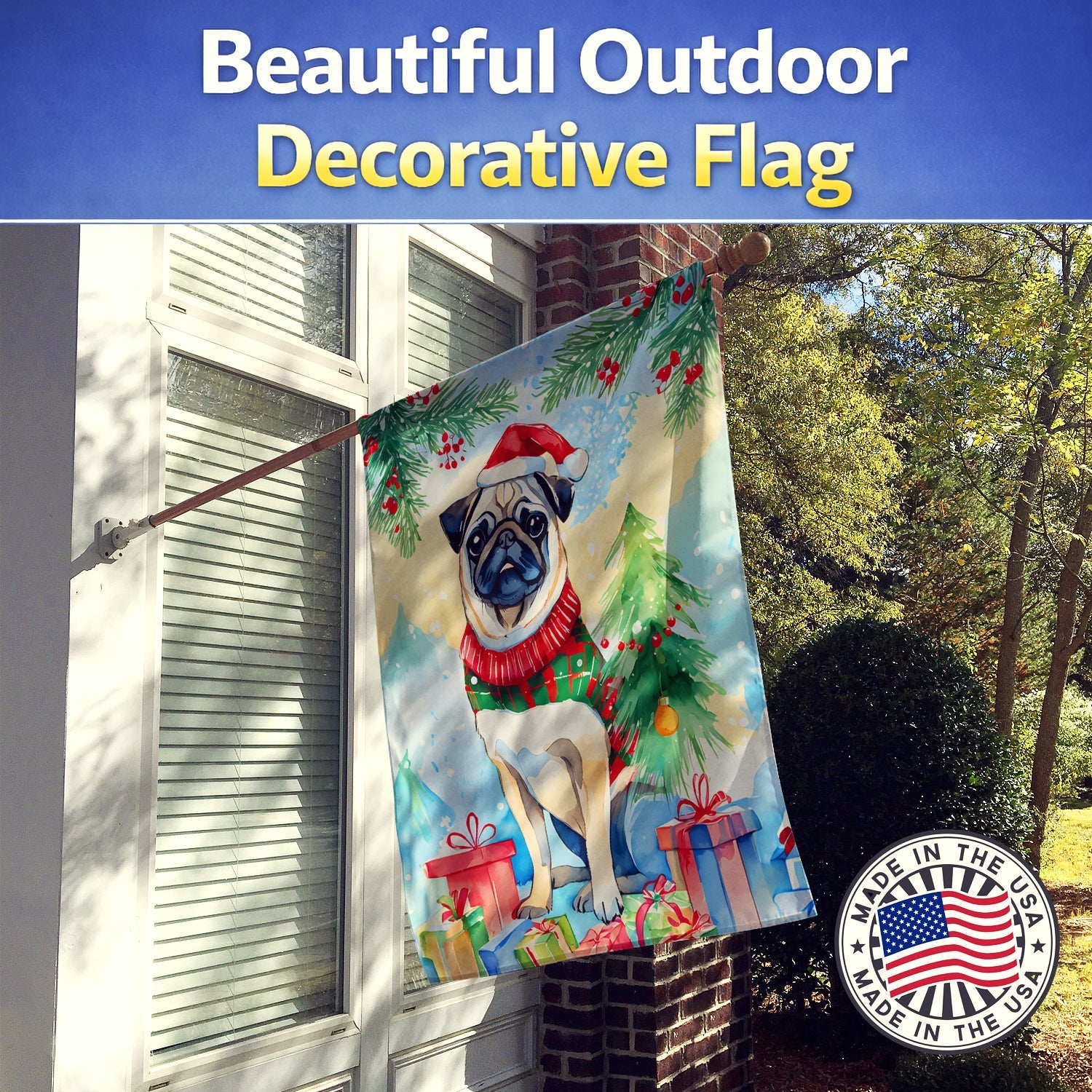 Pug Christmas House Flag 28x40 Porch Sleeve Pole Decorative Outside Yard Banner Artwork Wall Hanging, Polyester