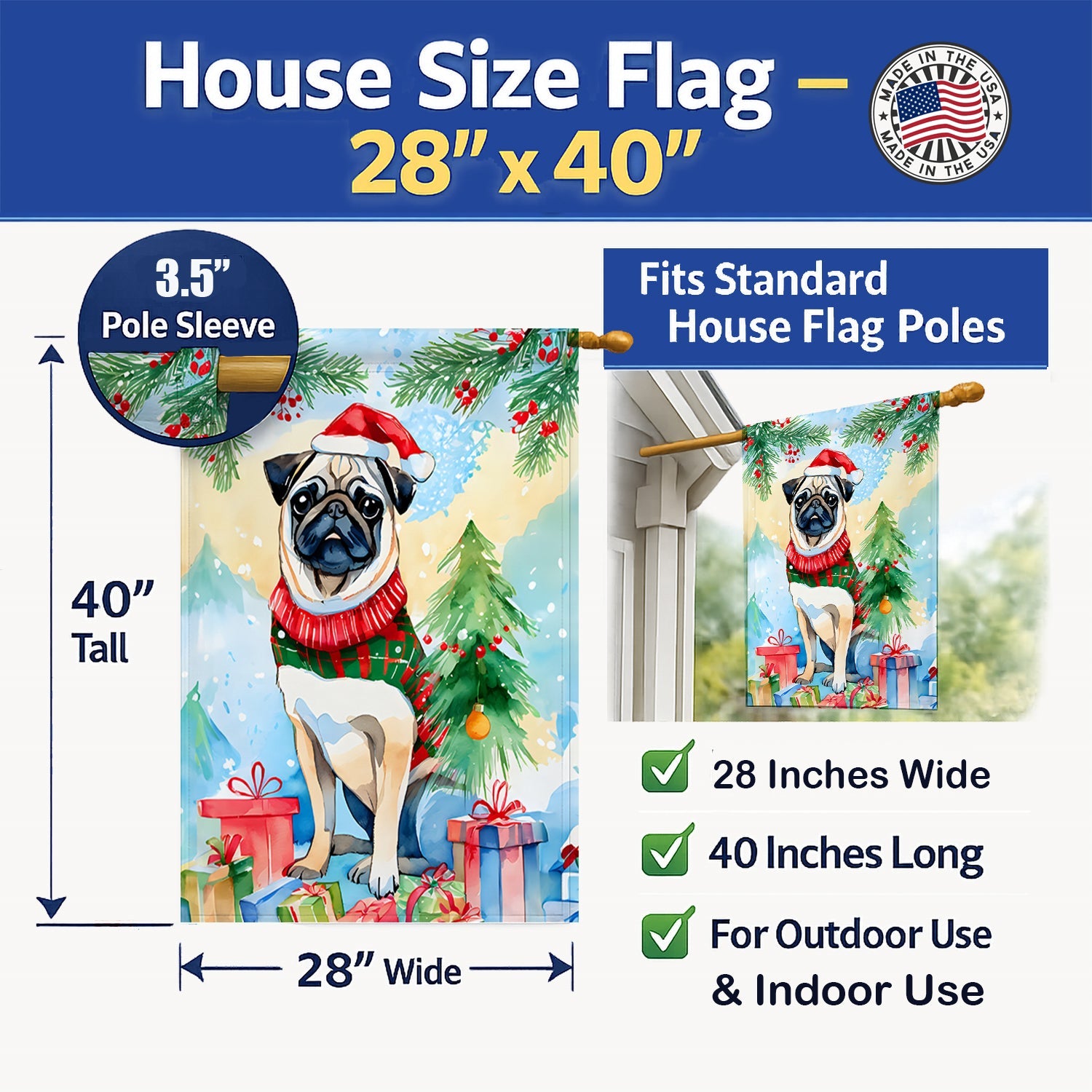 Pug Christmas House Flag 28x40 Porch Sleeve Pole Decorative Outside Yard Banner Artwork Wall Hanging, Polyester