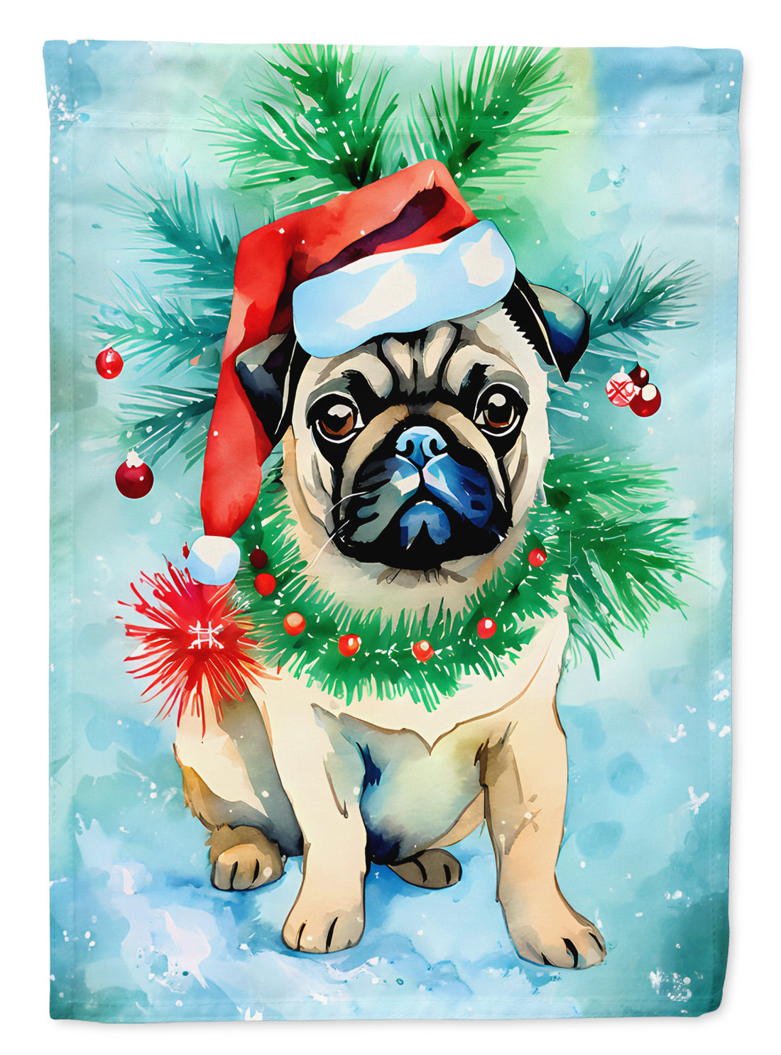 Pug Christmas House Flag 28x40 Porch Sleeve Pole Decorative Outside Yard Banner Artwork Wall Hanging, Polyester