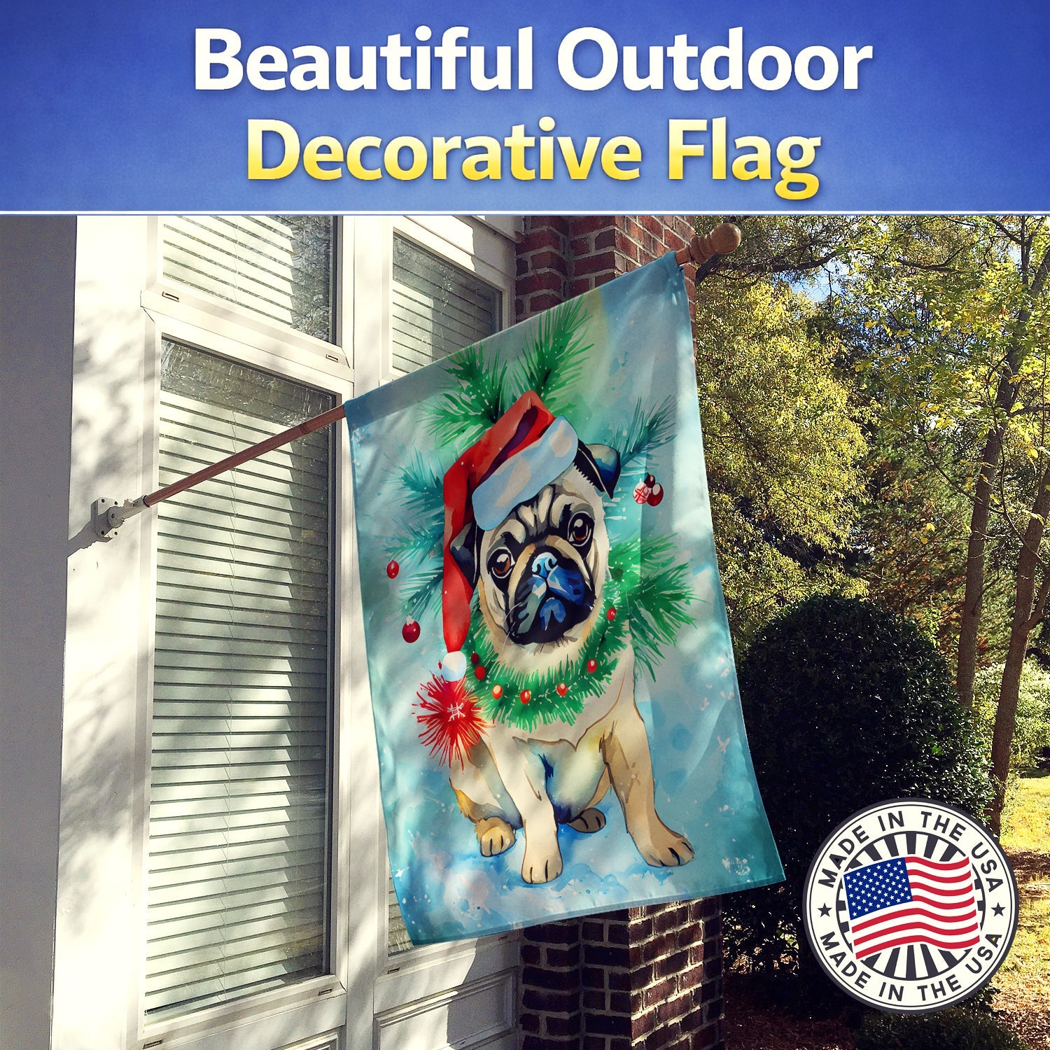 Pug Christmas House Flag 28x40 Porch Sleeve Pole Decorative Outside Yard Banner Artwork Wall Hanging, Polyester