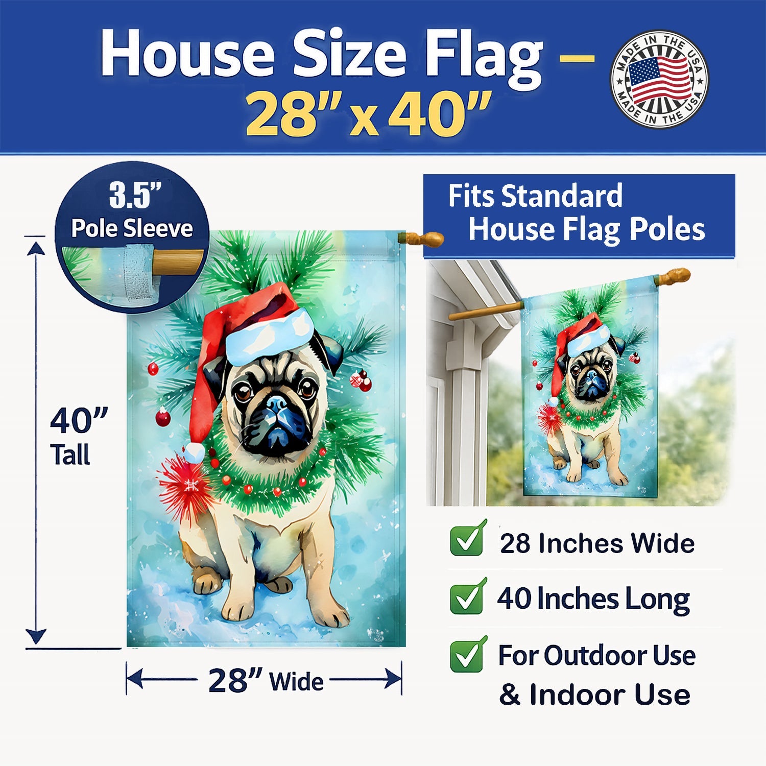Pug Christmas House Flag 28x40 Porch Sleeve Pole Decorative Outside Yard Banner Artwork Wall Hanging, Polyester