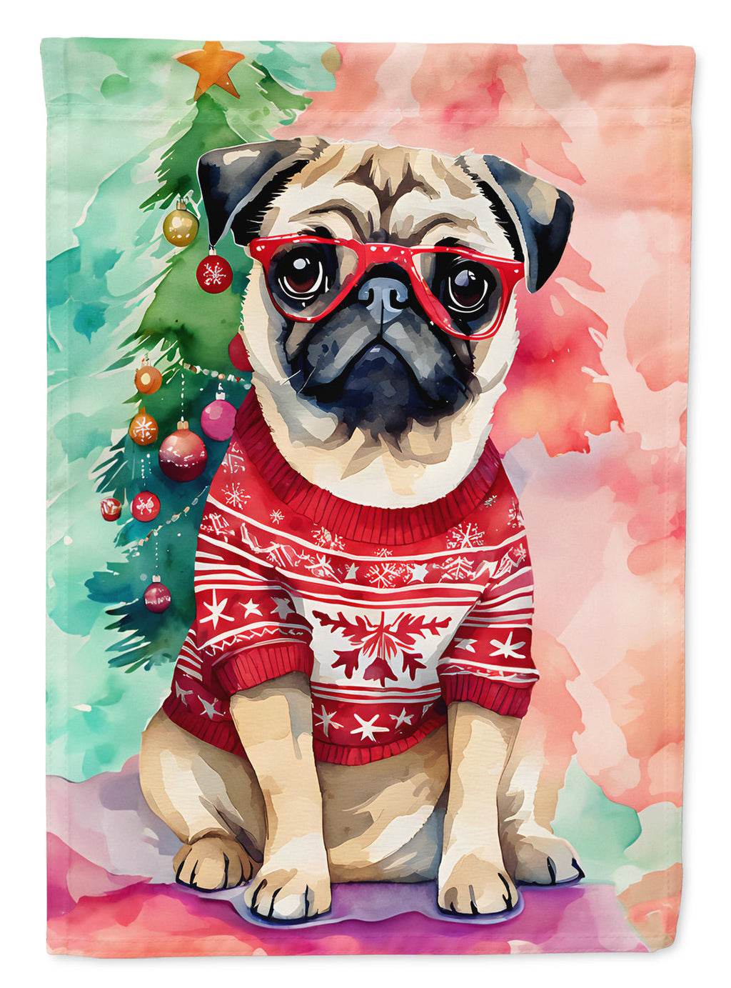Pug Christmas House Flag 28x40 Porch Sleeve Pole Decorative Outside Yard Banner Artwork Wall Hanging, Polyester