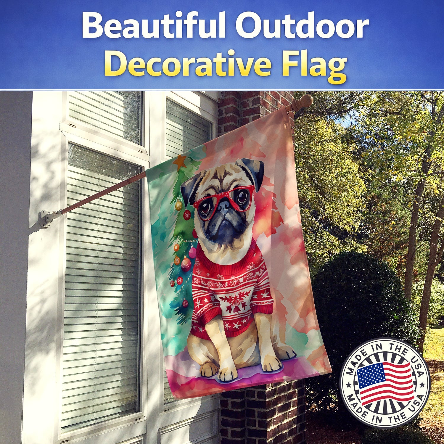 Pug Christmas House Flag 28x40 Porch Sleeve Pole Decorative Outside Yard Banner Artwork Wall Hanging, Polyester