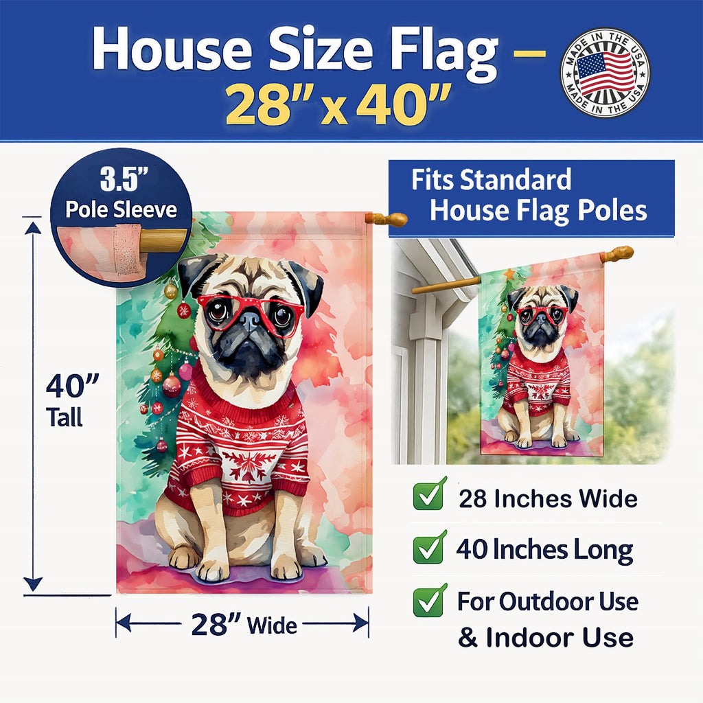 Pug Christmas House Flag 28x40 Porch Sleeve Pole Decorative Outside Yard Banner Artwork Wall Hanging, Polyester