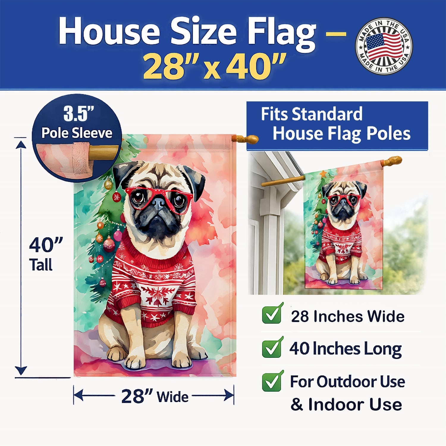 Pug Christmas House Flag 28x40 Porch Sleeve Pole Decorative Outside Yard Banner Artwork Wall Hanging, Polyester