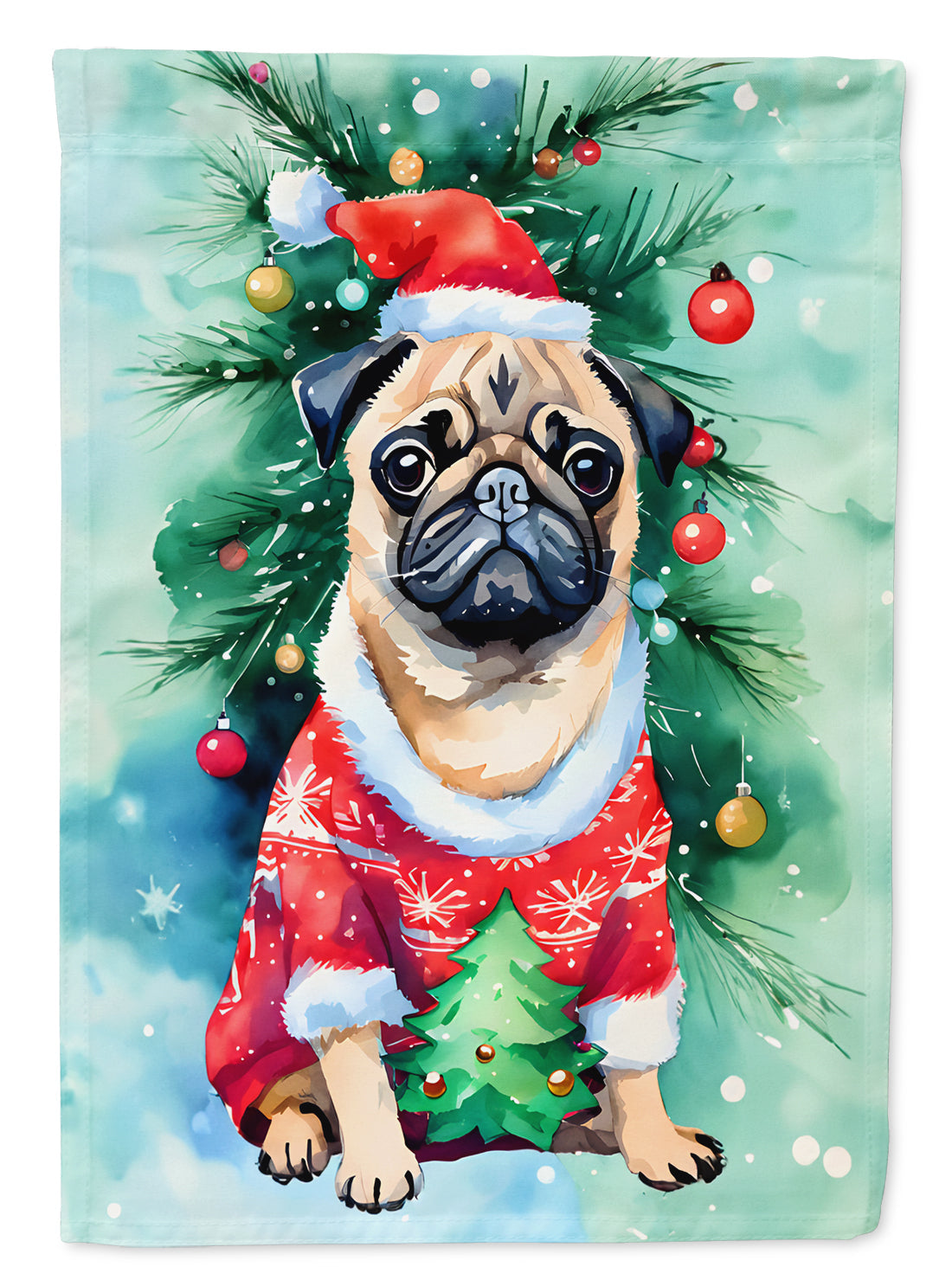 Pug Christmas House Flag 28x40 Porch Sleeve Pole Decorative Outside Yard Banner Artwork Wall Hanging, Polyester