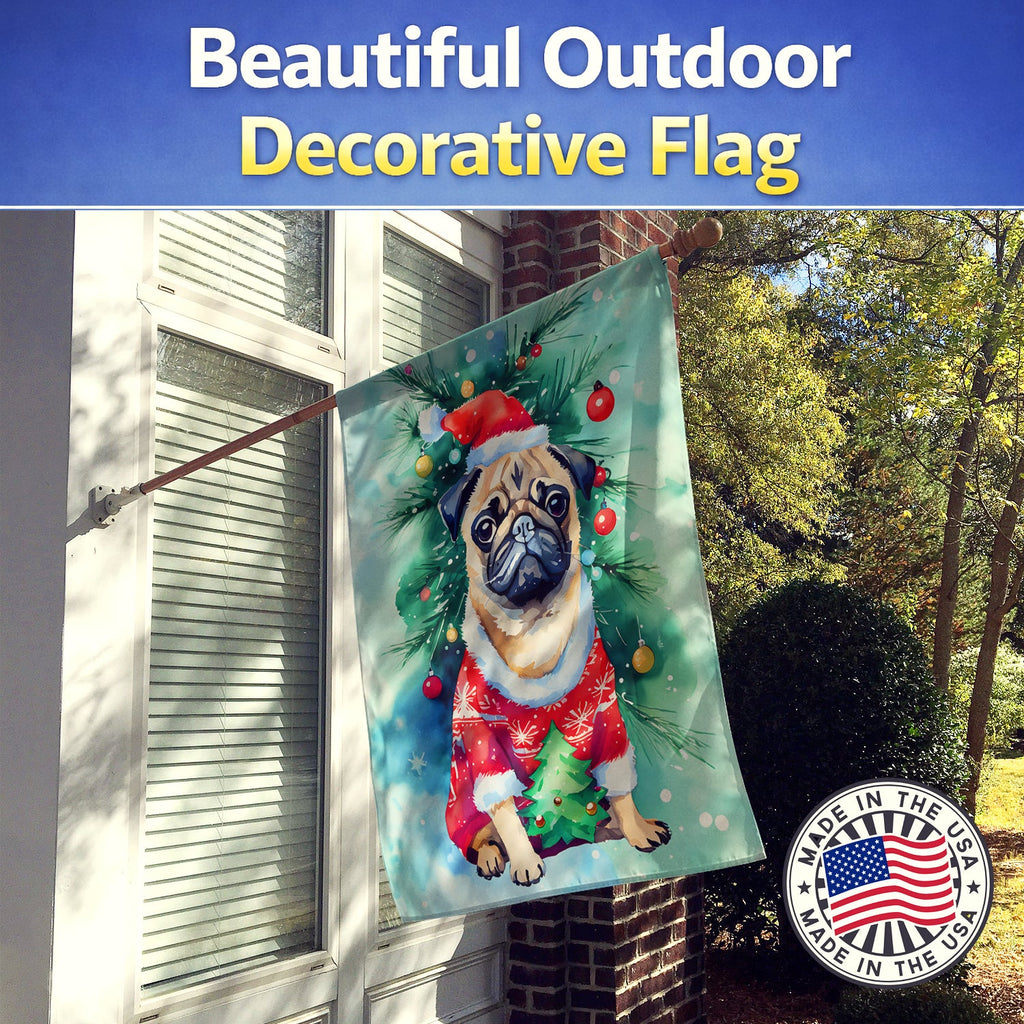 Pug Christmas House Flag 28x40 Porch Sleeve Pole Decorative Outside Yard Banner Artwork Wall Hanging, Polyester