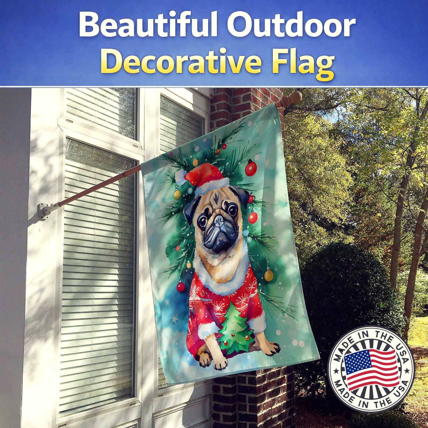 Pug Christmas House Flag 28x40 Porch Sleeve Pole Decorative Outside Yard Banner Artwork Wall Hanging, Polyester