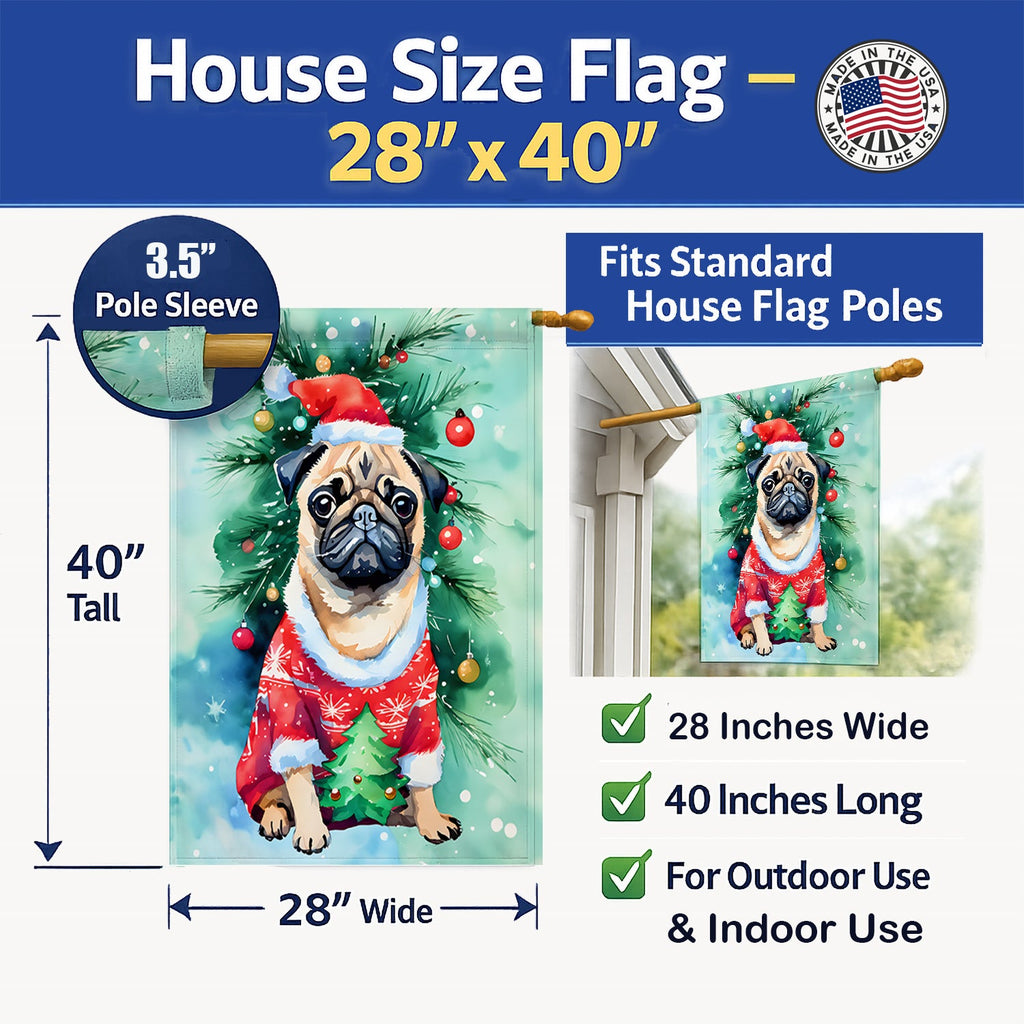 Pug Christmas House Flag 28x40 Porch Sleeve Pole Decorative Outside Yard Banner Artwork Wall Hanging, Polyester