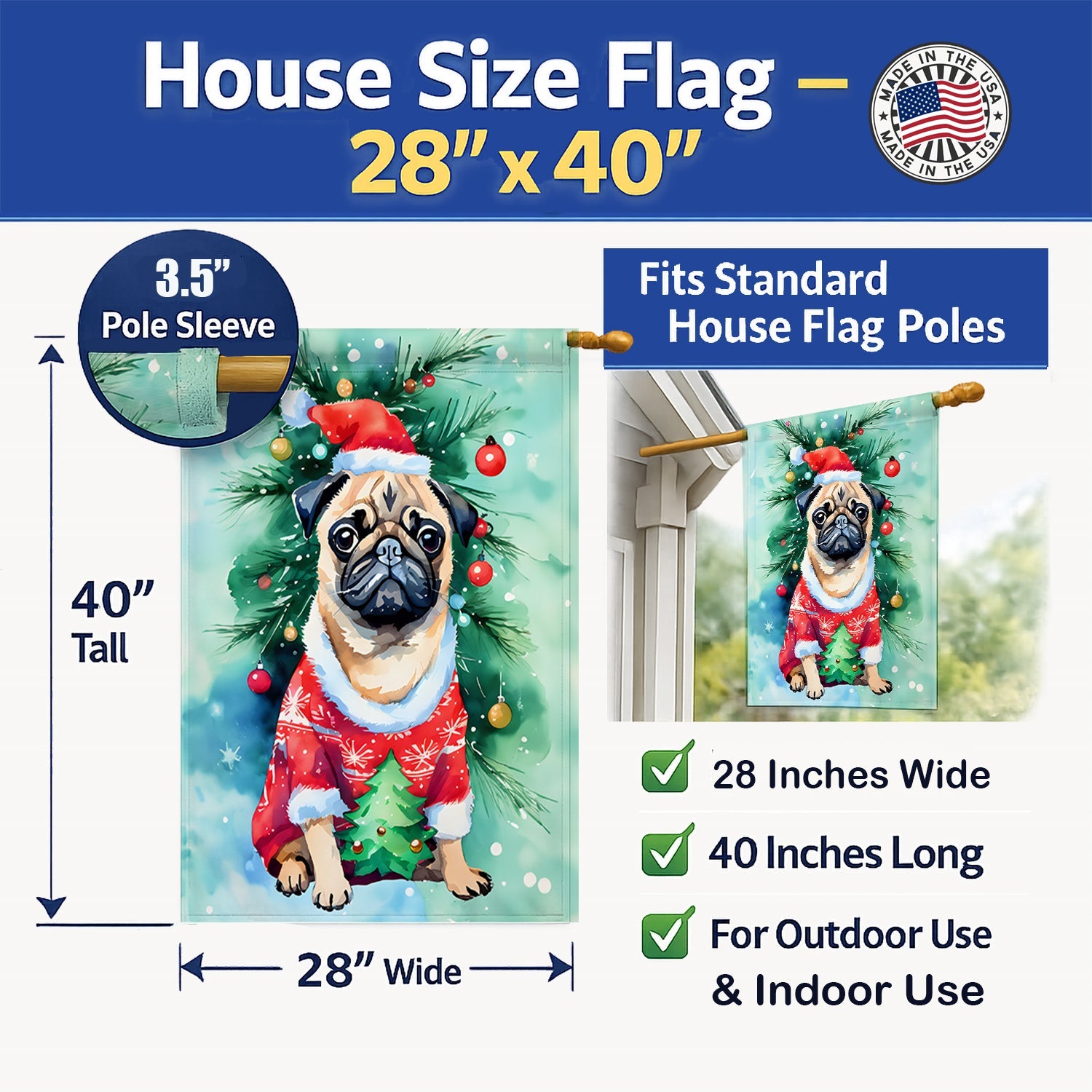 Pug Christmas House Flag 28x40 Porch Sleeve Pole Decorative Outside Yard Banner Artwork Wall Hanging, Polyester