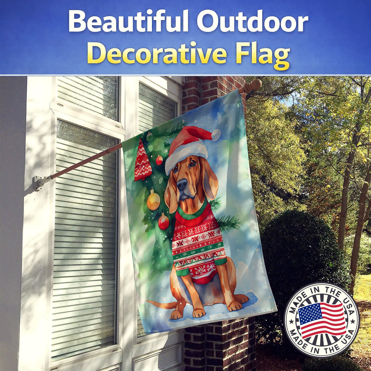 Redbone Coonhound Christmas House Flag 28x40 Porch Sleeve Pole Decorative Outside Yard Banner Artwork Wall Hanging, Polyester