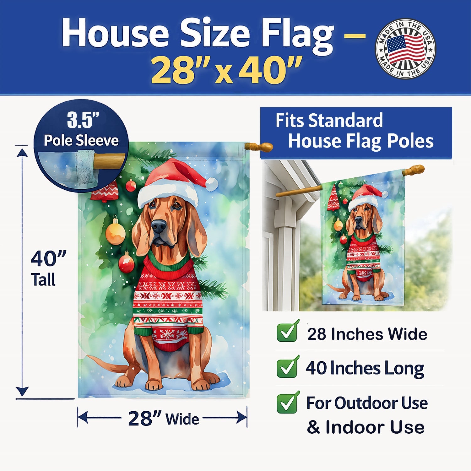 Redbone Coonhound Christmas House Flag 28x40 Porch Sleeve Pole Decorative Outside Yard Banner Artwork Wall Hanging, Polyester
