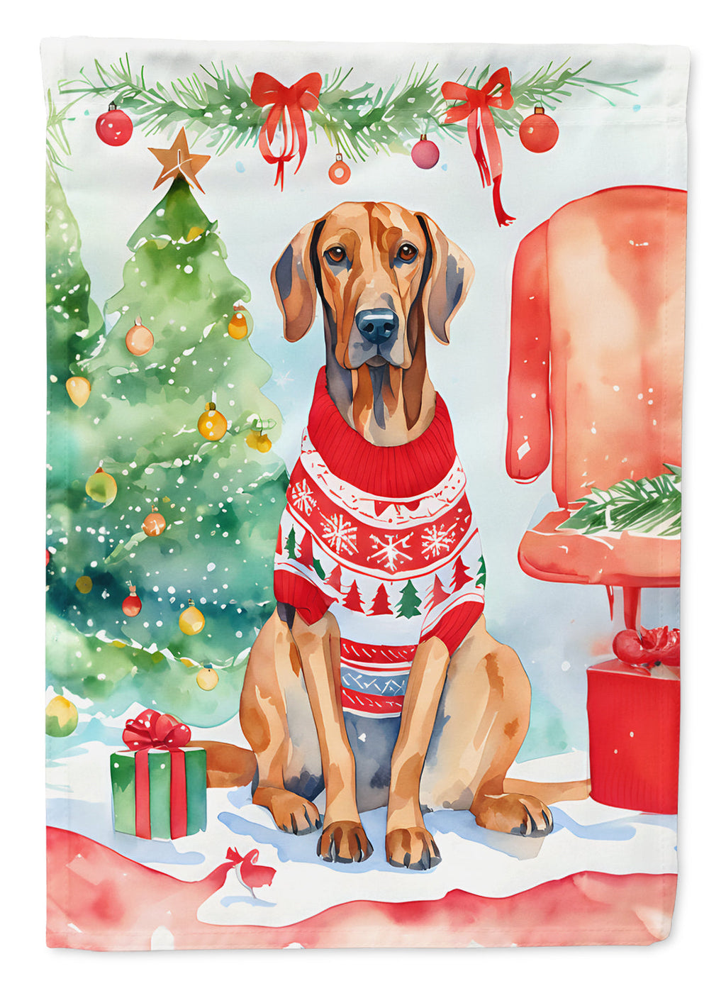 Redbone Coonhound Christmas House Flag 28x40 Porch Sleeve Pole Decorative Outside Yard Banner Artwork Wall Hanging, Polyester