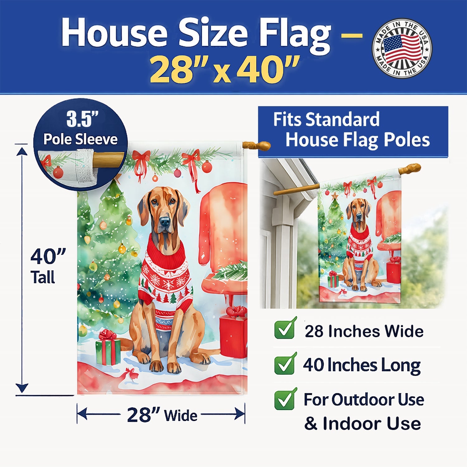 Redbone Coonhound Christmas House Flag 28x40 Porch Sleeve Pole Decorative Outside Yard Banner Artwork Wall Hanging, Polyester