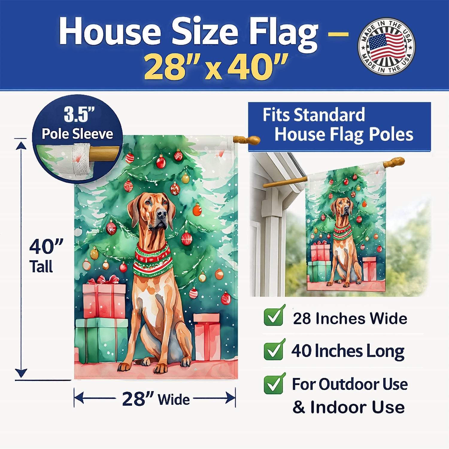 Rhodesian Ridgeback Christmas House Flag 28x40 Porch Sleeve Pole Decorative Outside Yard Banner Artwork Wall Hanging, Polyester