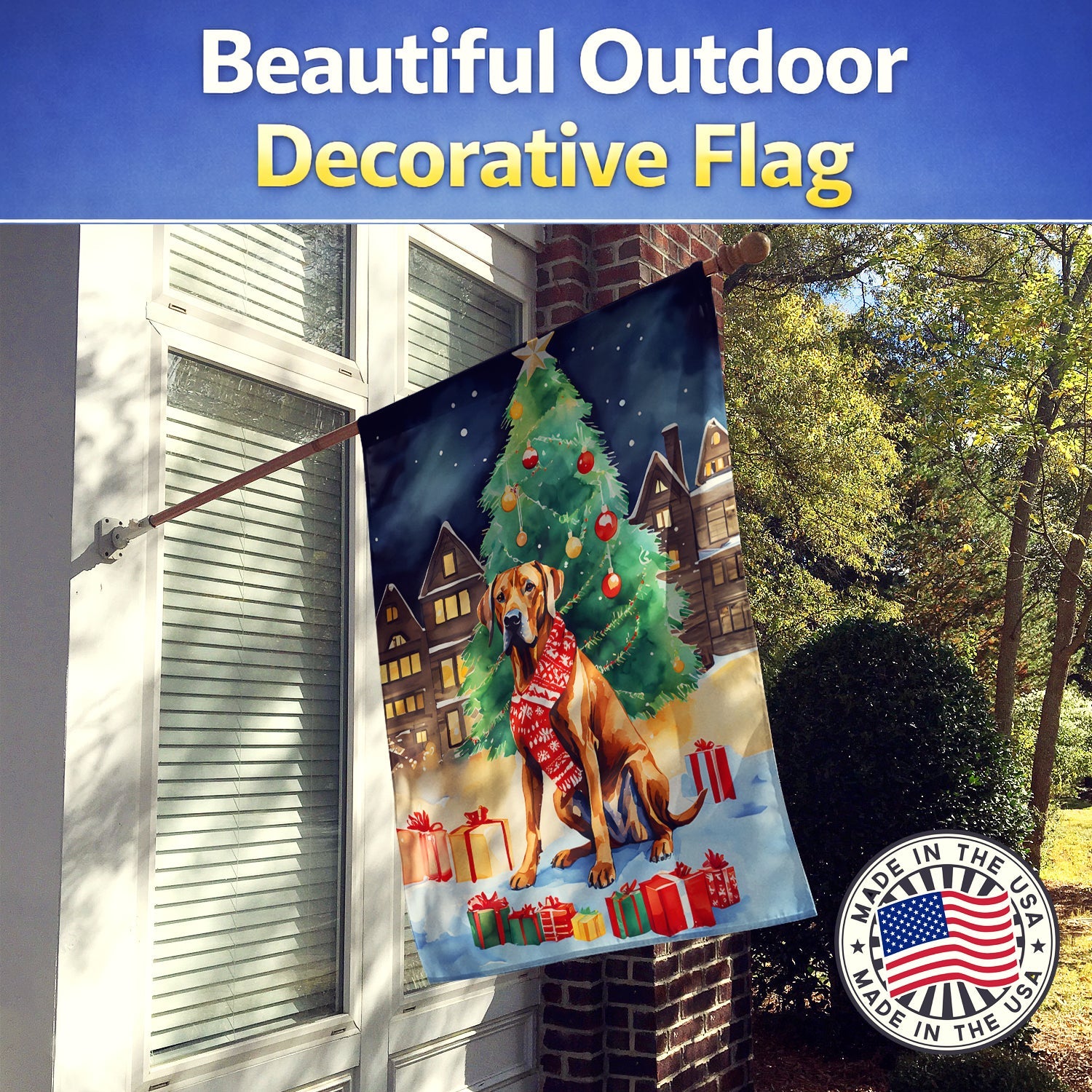 Rhodesian Ridgeback Christmas House Flag 28x40 Porch Sleeve Pole Decorative Outside Yard Banner Artwork Wall Hanging, Polyester