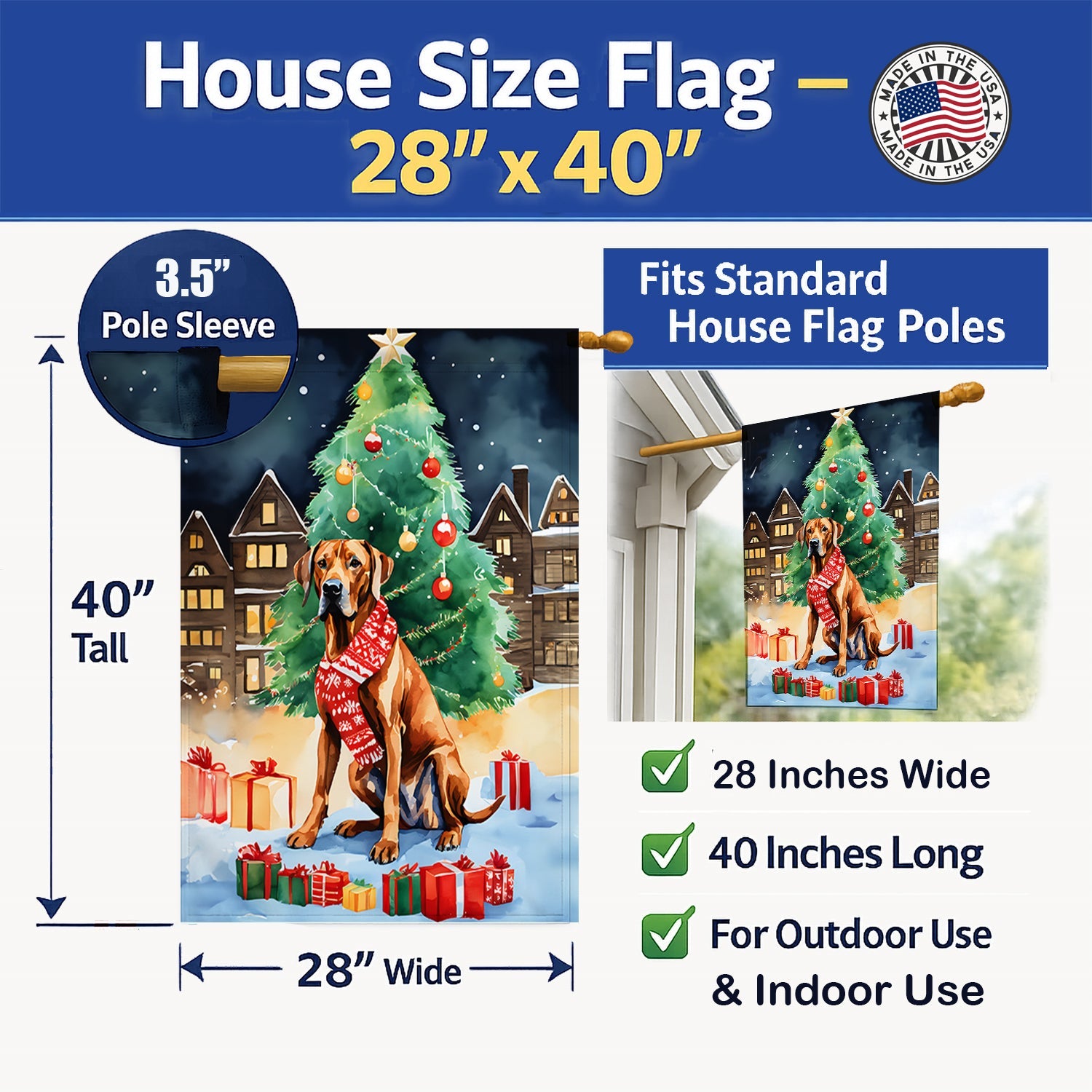 Rhodesian Ridgeback Christmas House Flag 28x40 Porch Sleeve Pole Decorative Outside Yard Banner Artwork Wall Hanging, Polyester