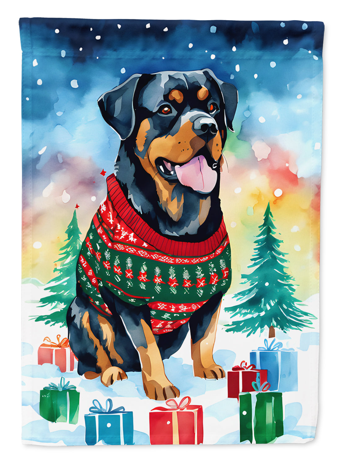 Rottweiler Christmas House Flag 28x40 Porch Sleeve Pole Decorative Outside Yard Banner Artwork Wall Hanging, Polyester
