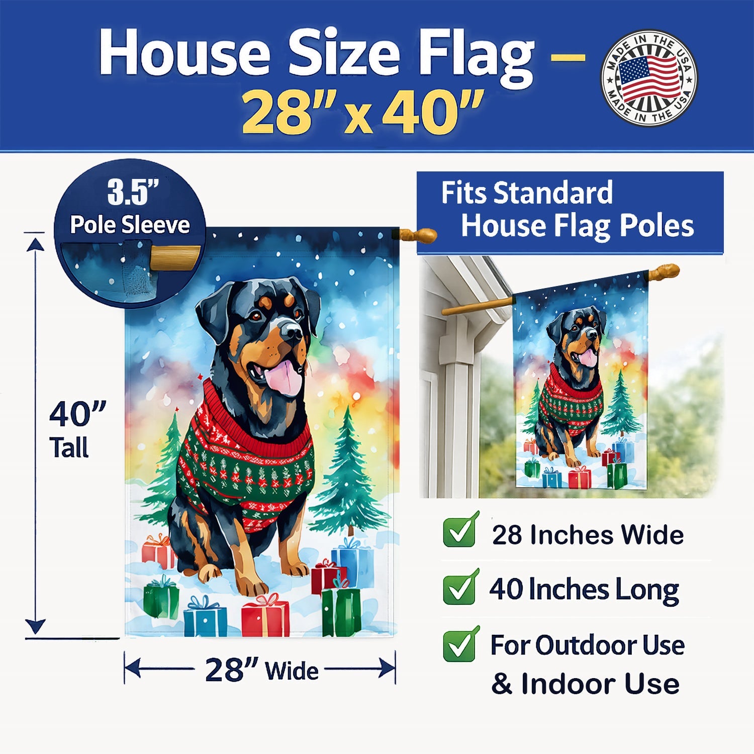 Rottweiler Christmas House Flag 28x40 Porch Sleeve Pole Decorative Outside Yard Banner Artwork Wall Hanging, Polyester