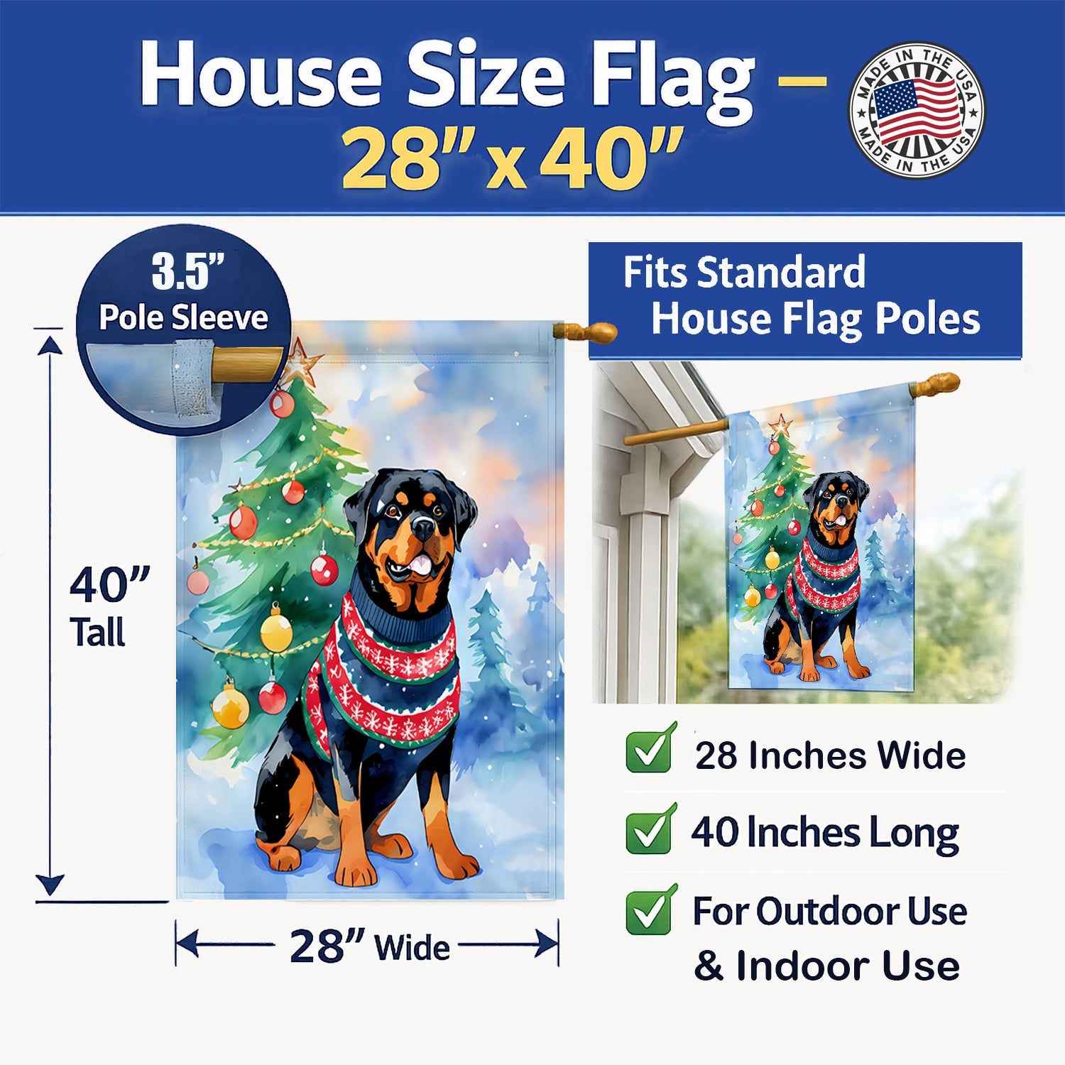 Rottweiler Christmas House Flag 28x40 Porch Sleeve Pole Decorative Outside Yard Banner Artwork Wall Hanging, Polyester