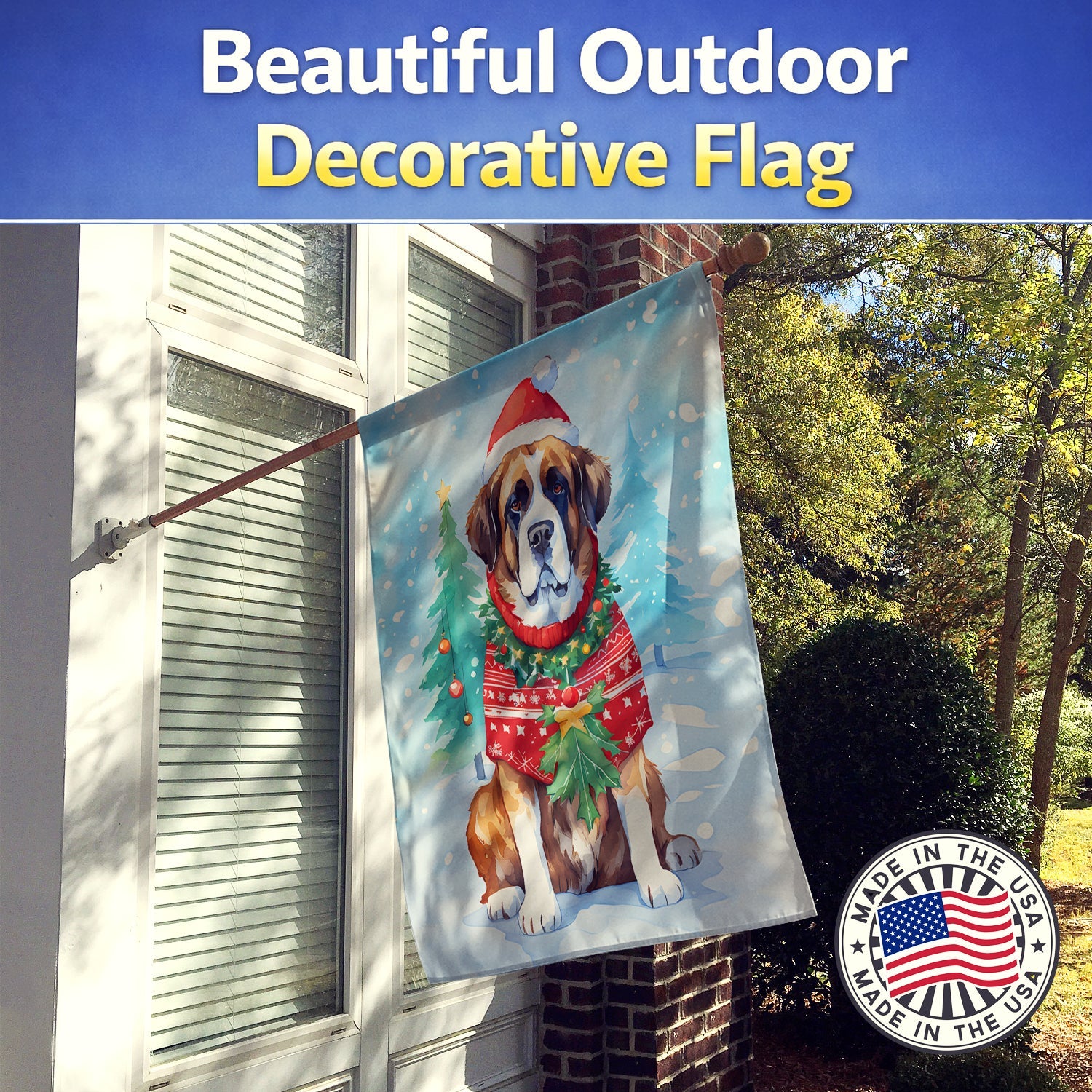 Saint Bernard Christmas House Flag 28x40 Porch Sleeve Pole Decorative Outside Yard Banner Artwork Wall Hanging, Polyester