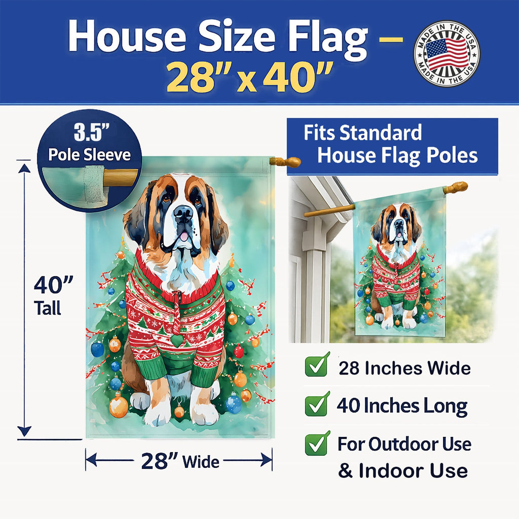 Saint Bernard Christmas House Flag 28x40 Porch Sleeve Pole Decorative Outside Yard Banner Artwork Wall Hanging, Polyester