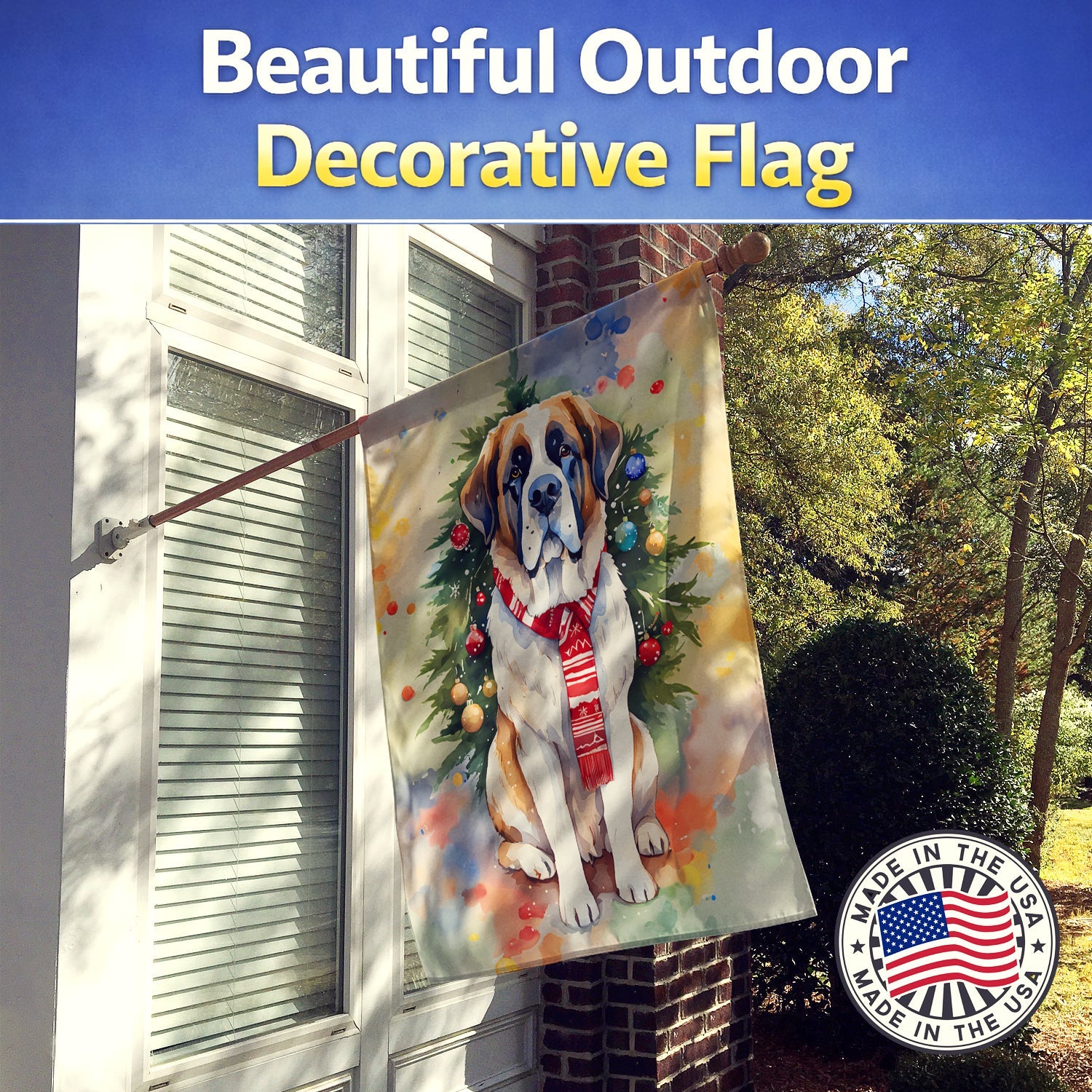Saint Bernard Christmas House Flag 28x40 Porch Sleeve Pole Decorative Outside Yard Banner Artwork Wall Hanging, Polyester