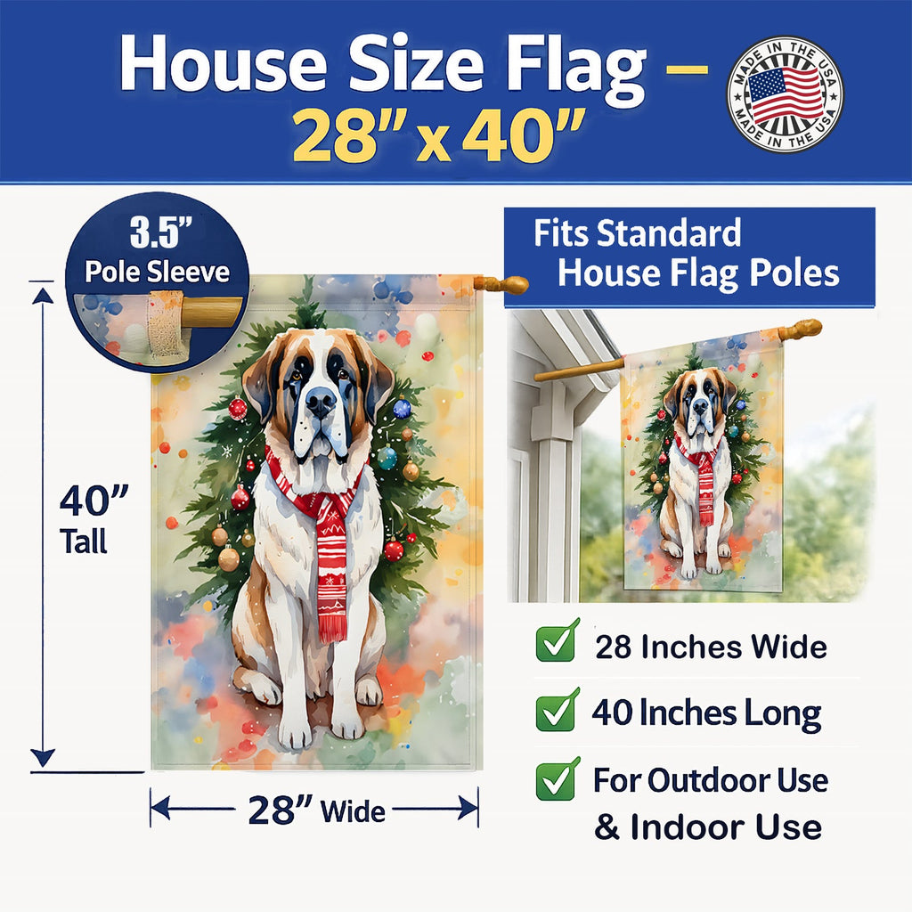 Saint Bernard Christmas House Flag 28x40 Porch Sleeve Pole Decorative Outside Yard Banner Artwork Wall Hanging, Polyester