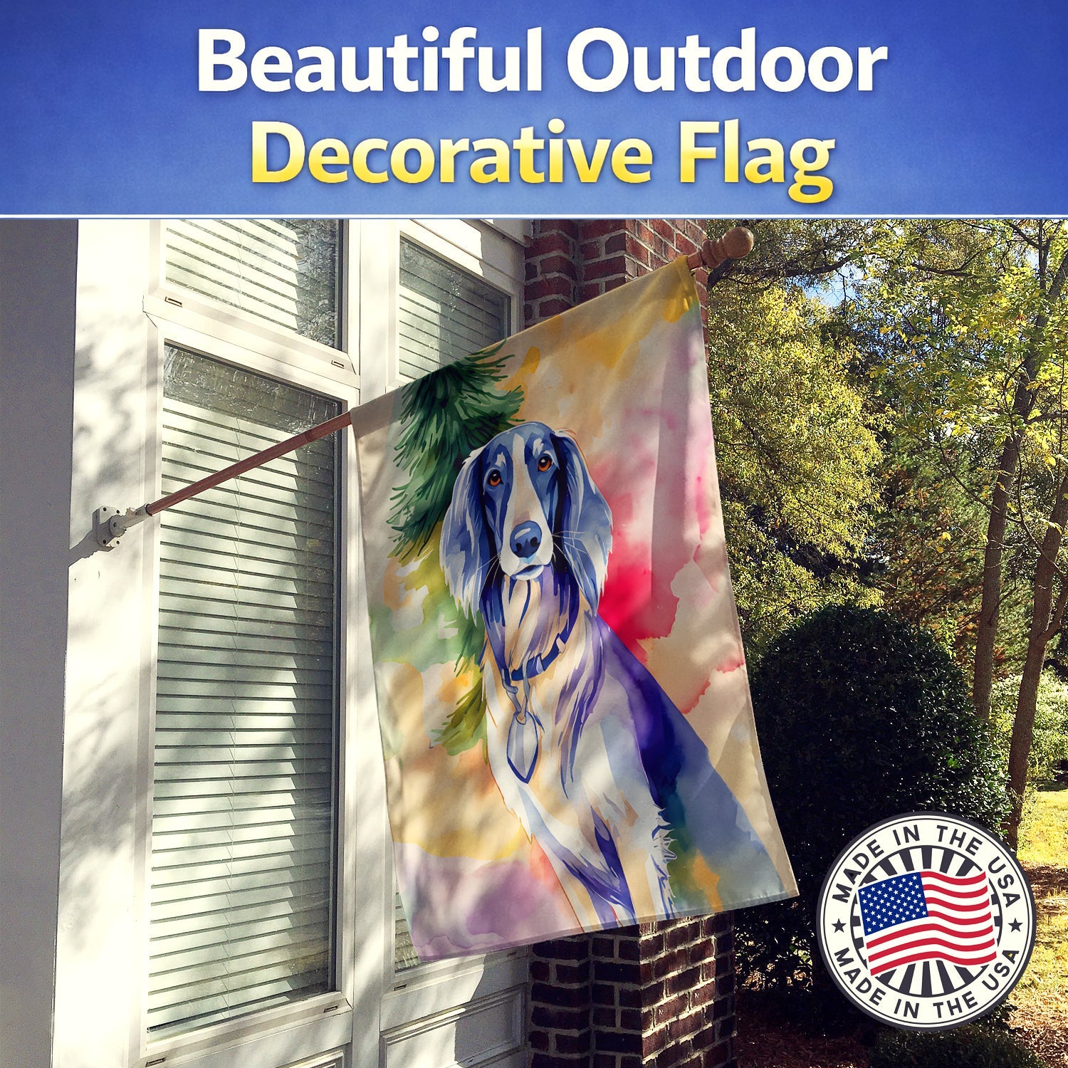 Saluki Christmas House Flag 28x40 Porch Sleeve Pole Decorative Outside Yard Banner Artwork Wall Hanging, Polyester