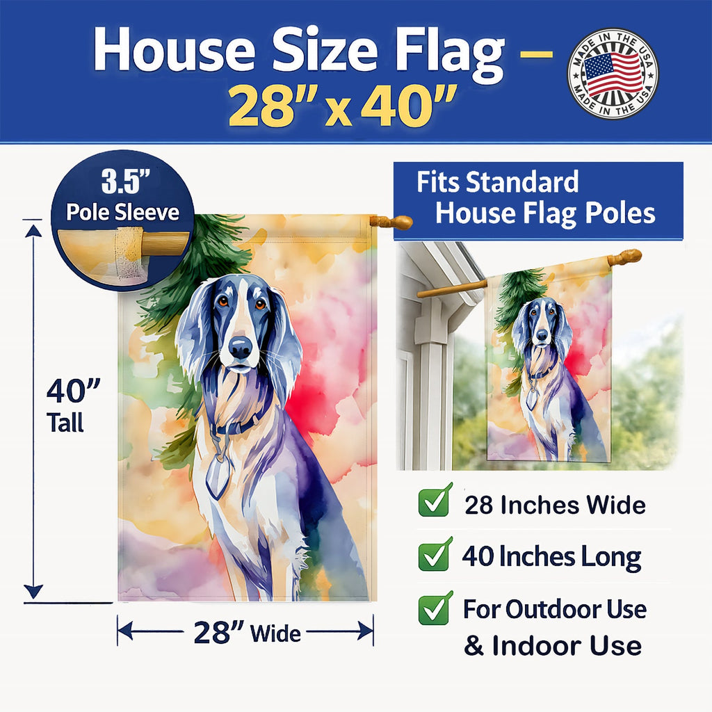 Saluki Christmas House Flag 28x40 Porch Sleeve Pole Decorative Outside Yard Banner Artwork Wall Hanging, Polyester