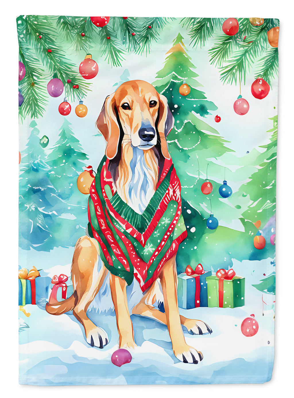 Saluki Christmas House Flag 28x40 Porch Sleeve Pole Decorative Outside Yard Banner Artwork Wall Hanging, Polyester