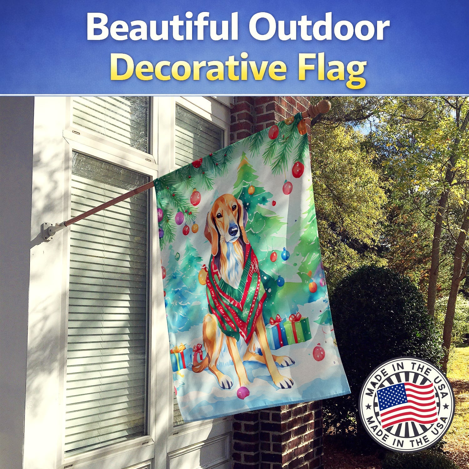 Saluki Christmas House Flag 28x40 Porch Sleeve Pole Decorative Outside Yard Banner Artwork Wall Hanging, Polyester