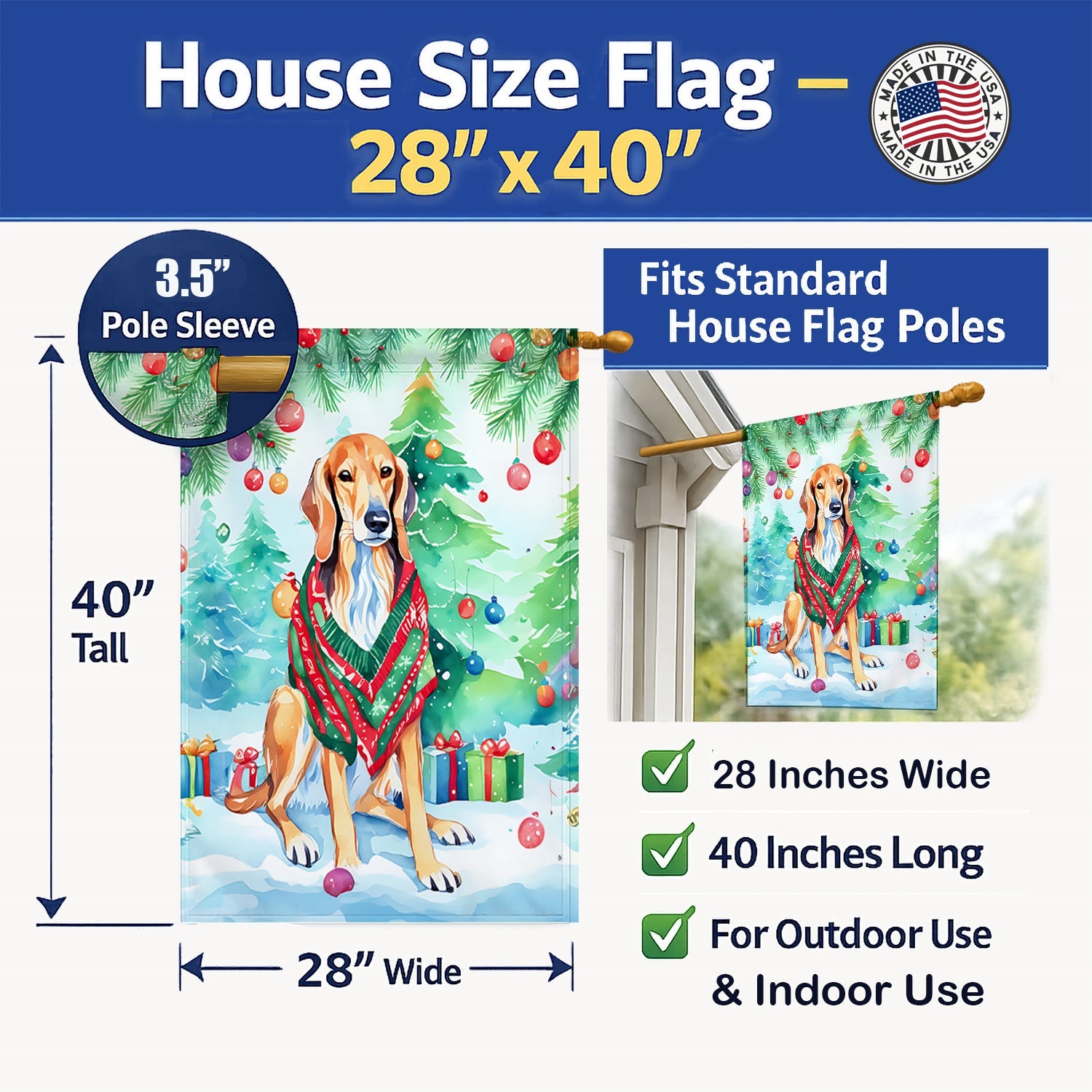 Saluki Christmas House Flag 28x40 Porch Sleeve Pole Decorative Outside Yard Banner Artwork Wall Hanging, Polyester