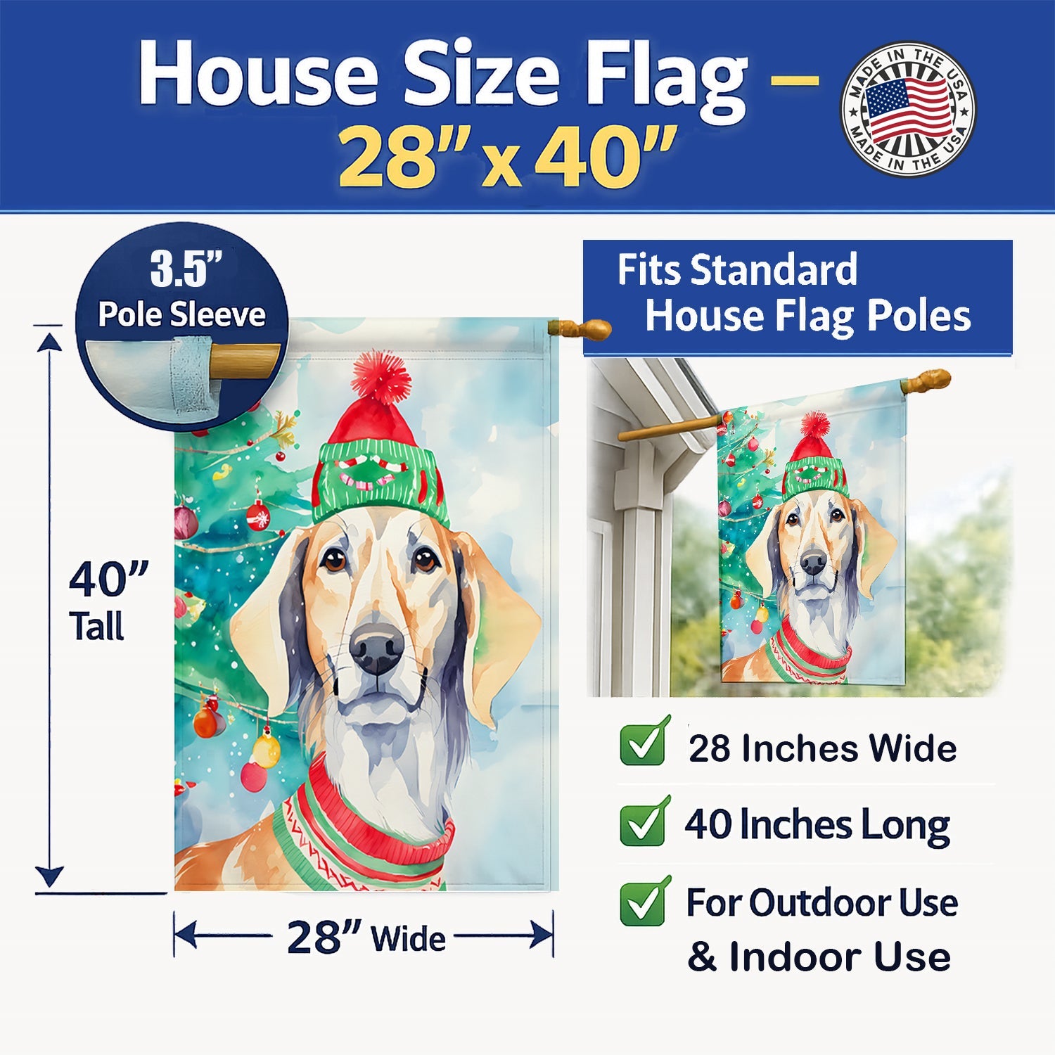 Saluki Christmas House Flag 28x40 Porch Sleeve Pole Decorative Outside Yard Banner Artwork Wall Hanging, Polyester