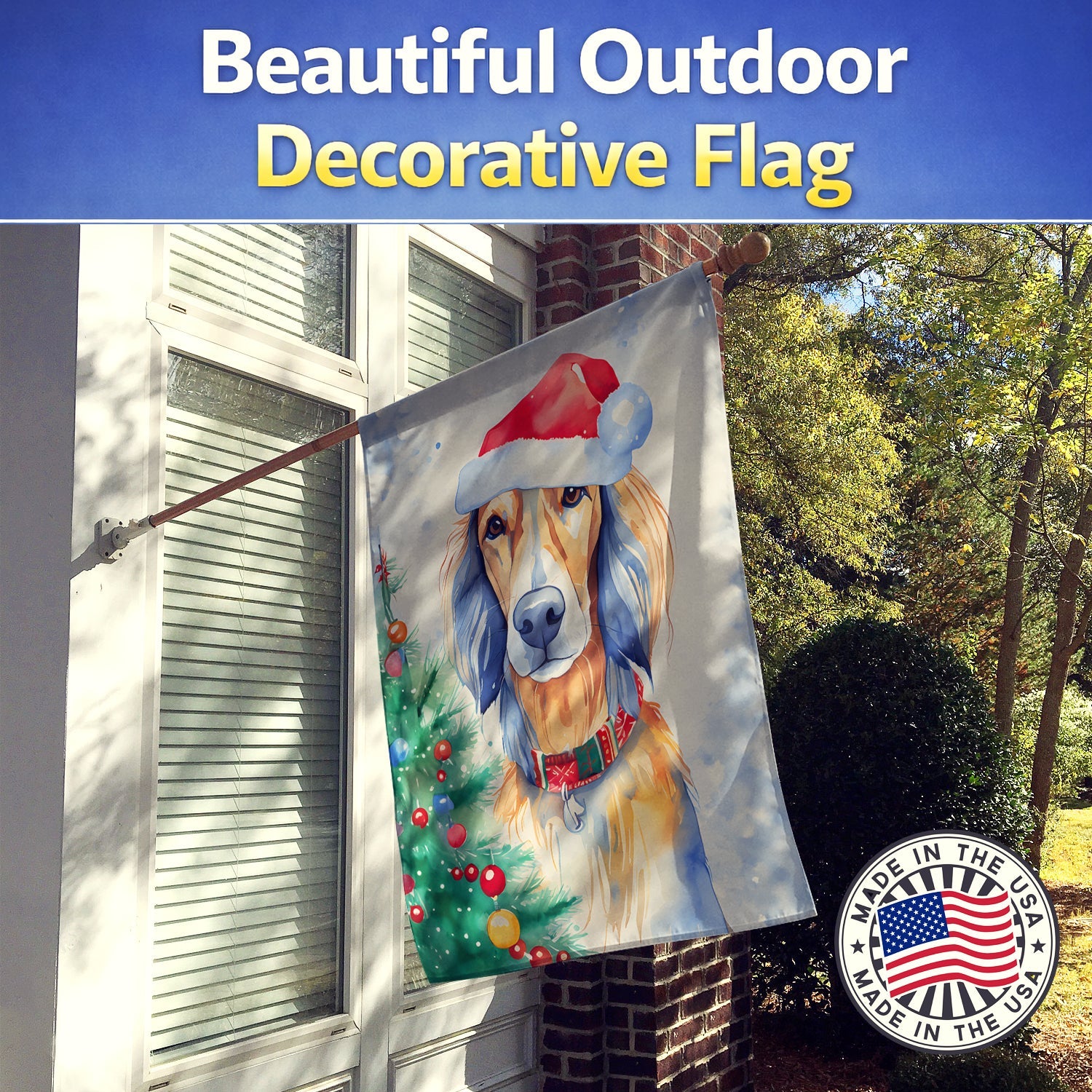 Saluki Christmas House Flag 28x40 Porch Sleeve Pole Decorative Outside Yard Banner Artwork Wall Hanging, Polyester