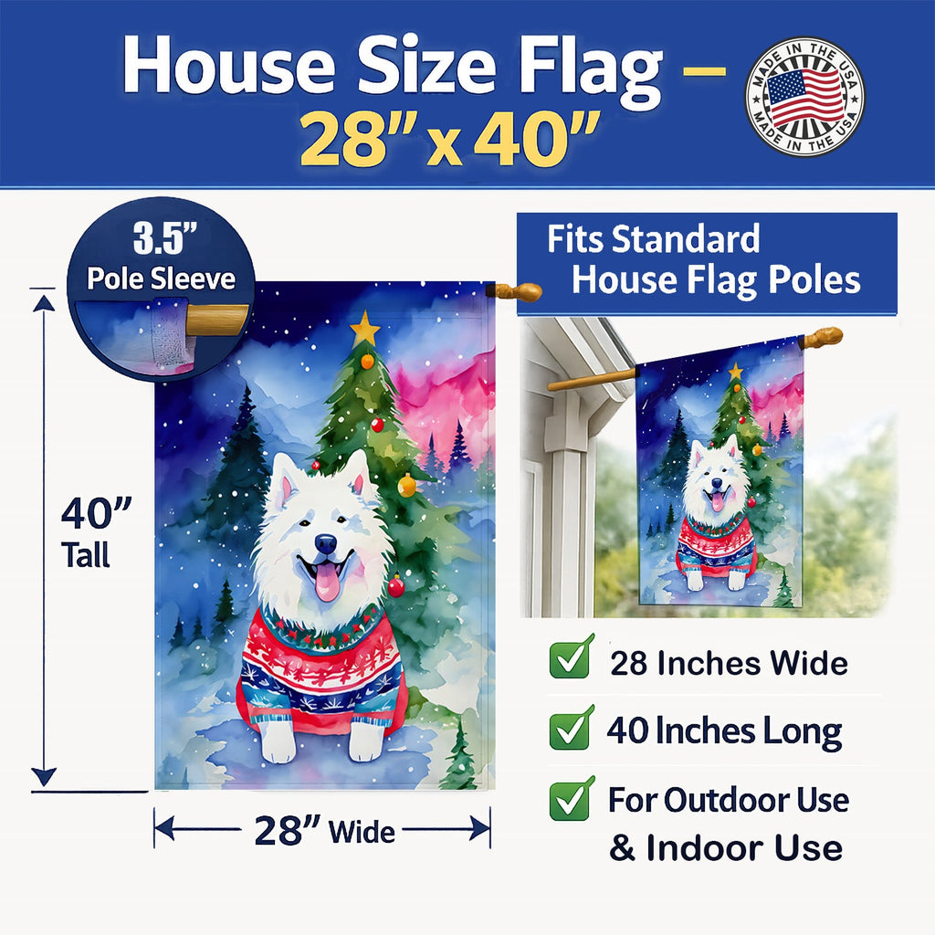 Samoyed Christmas House Flag 28x40 Porch Sleeve Pole Decorative Outside Yard Banner Artwork Wall Hanging, Polyester