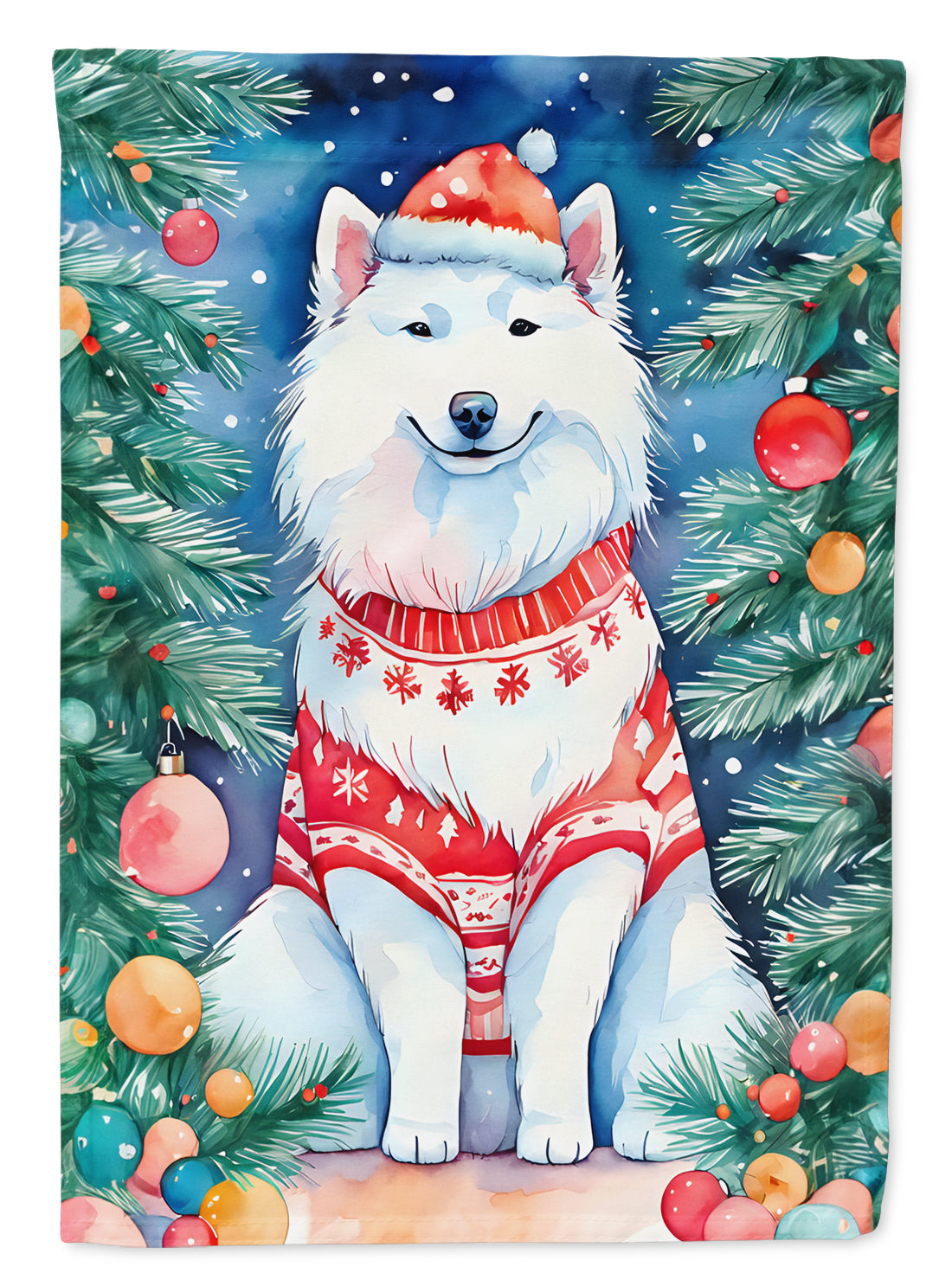 Samoyed Christmas House Flag 28x40 Porch Sleeve Pole Decorative Outside Yard Banner Artwork Wall Hanging, Polyester