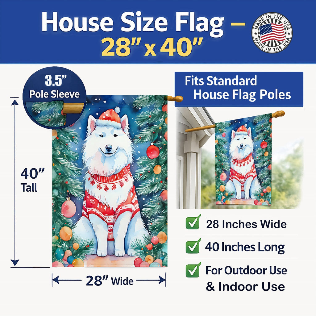 Samoyed Christmas House Flag 28x40 Porch Sleeve Pole Decorative Outside Yard Banner Artwork Wall Hanging, Polyester