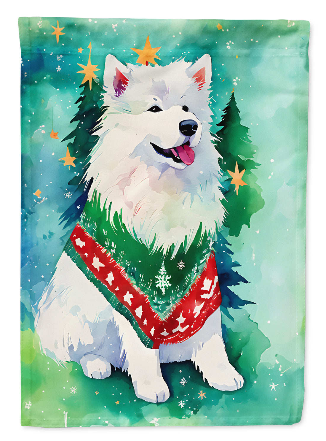 Samoyed Christmas House Flag 28x40 Porch Sleeve Pole Decorative Outside Yard Banner Artwork Wall Hanging, Polyester