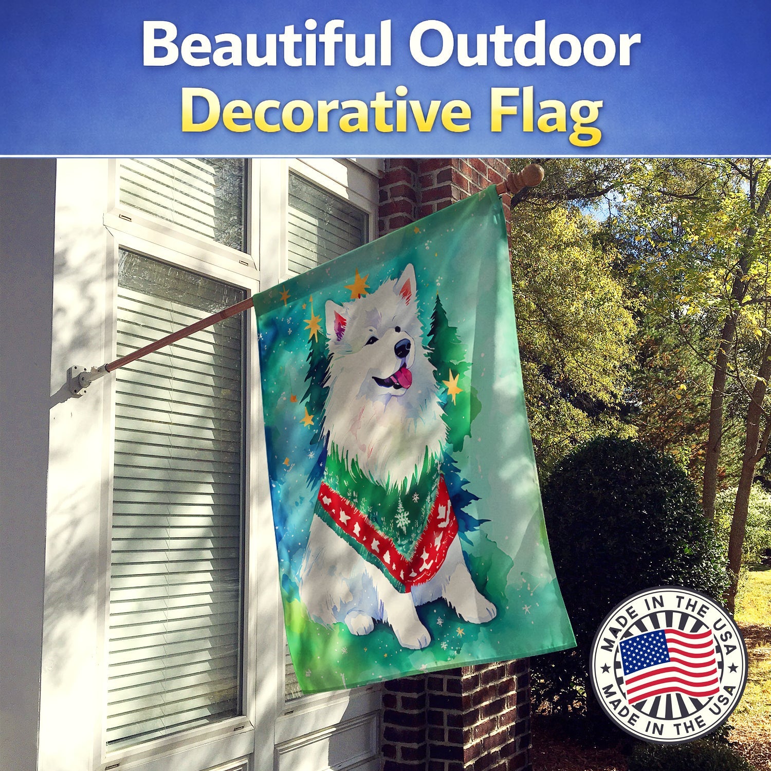Samoyed Christmas House Flag 28x40 Porch Sleeve Pole Decorative Outside Yard Banner Artwork Wall Hanging, Polyester