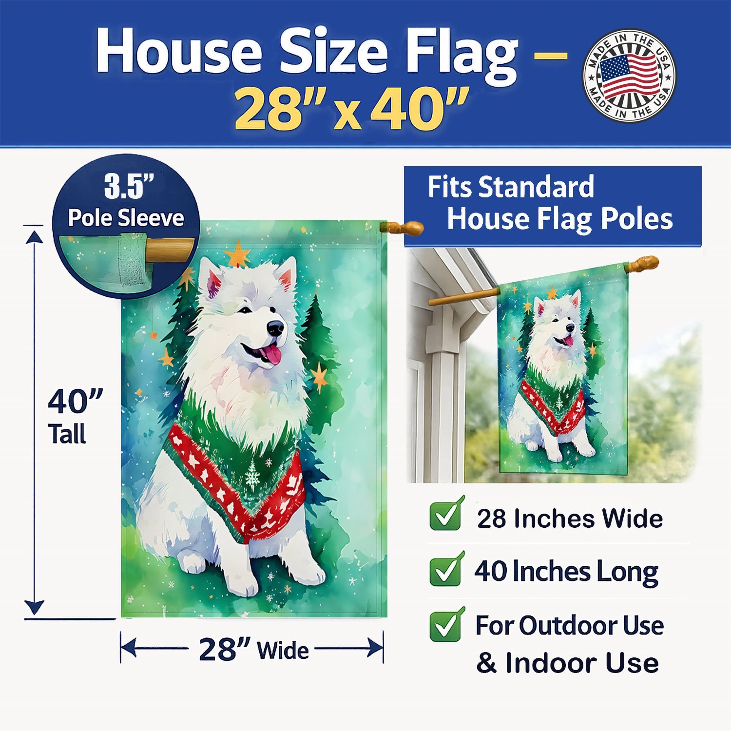 Samoyed Christmas House Flag 28x40 Porch Sleeve Pole Decorative Outside Yard Banner Artwork Wall Hanging, Polyester