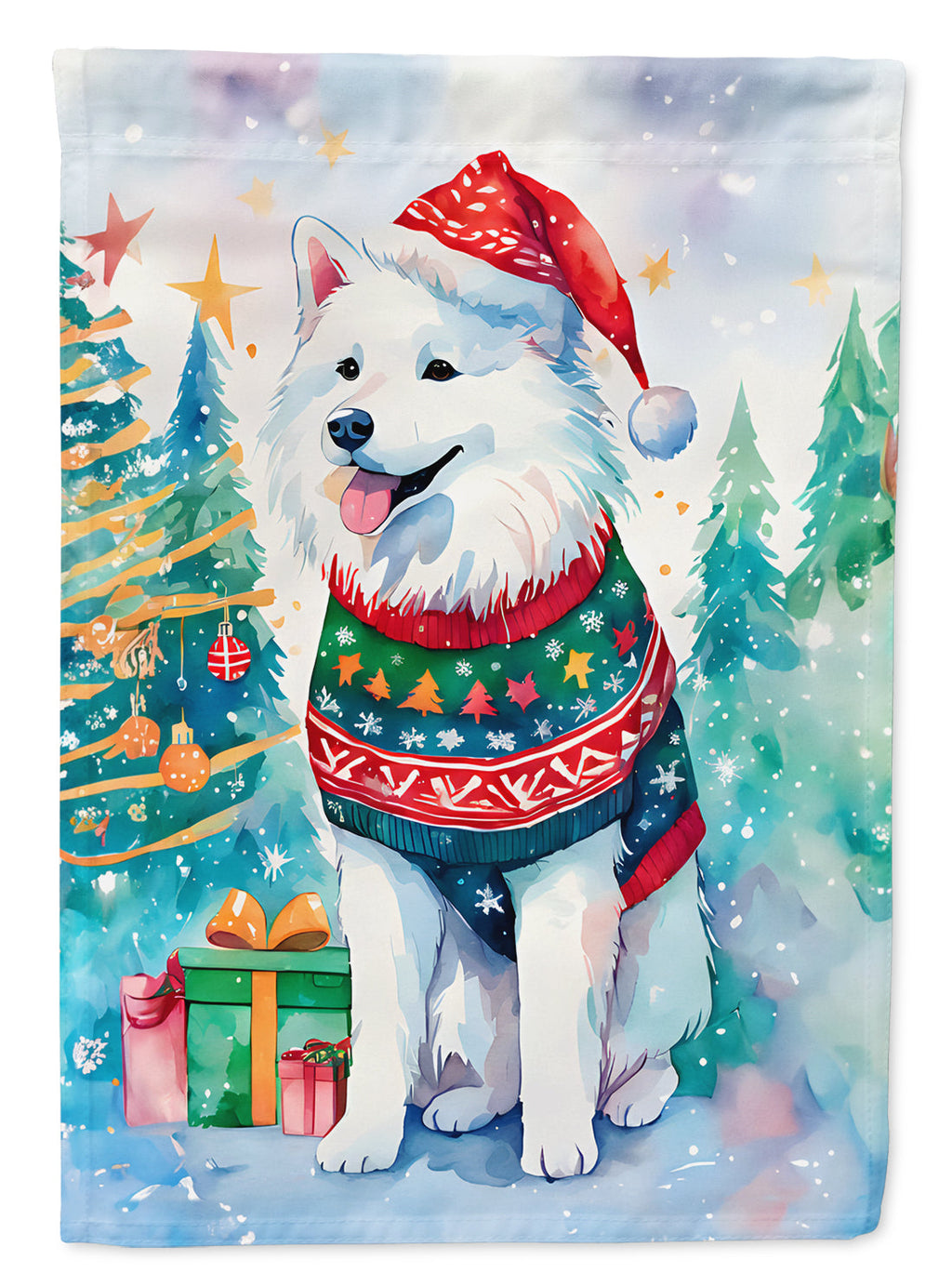 Samoyed Christmas House Flag 28x40 Porch Sleeve Pole Decorative Outside Yard Banner Artwork Wall Hanging, Polyester