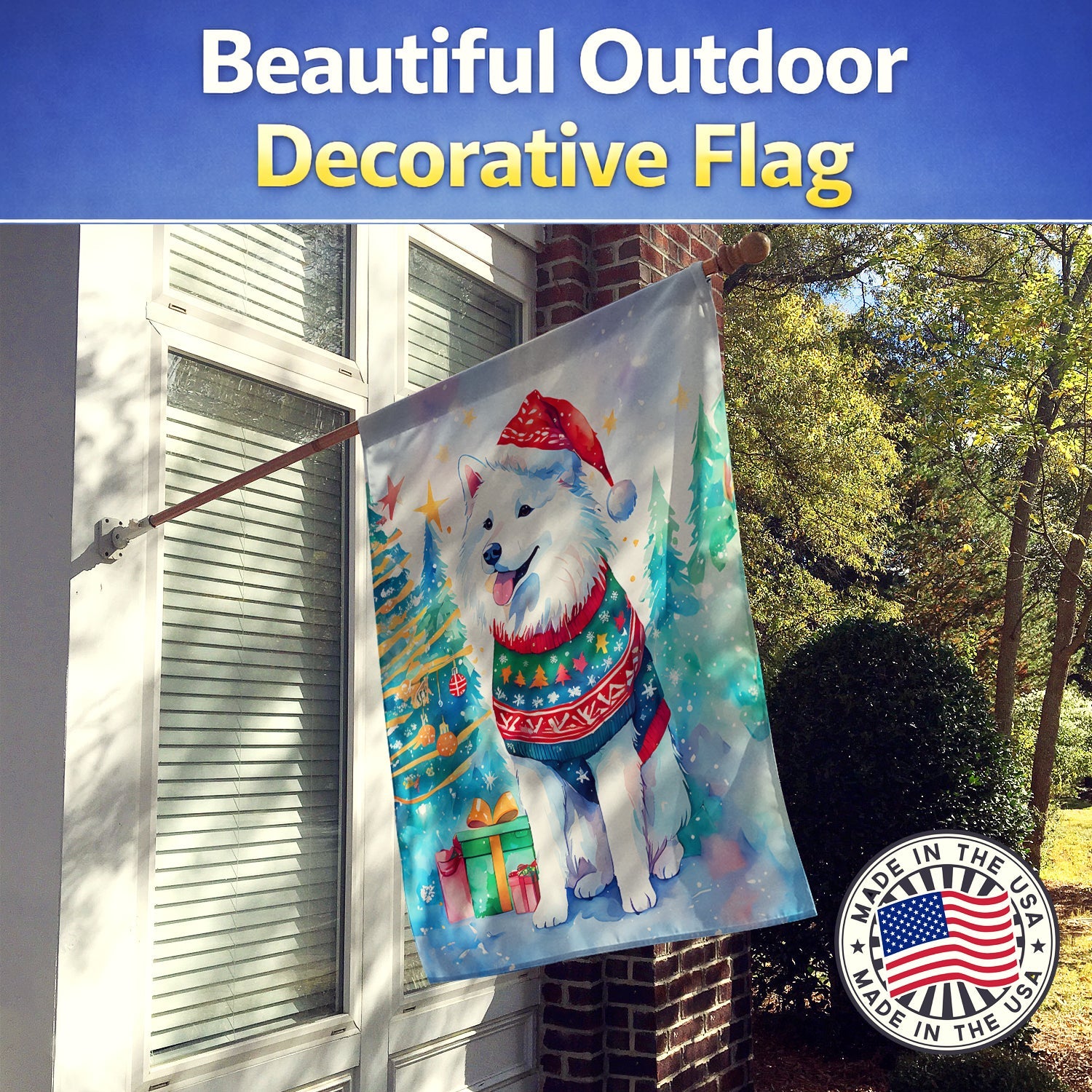 Samoyed Christmas House Flag 28x40 Porch Sleeve Pole Decorative Outside Yard Banner Artwork Wall Hanging, Polyester