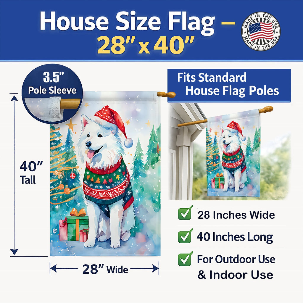 Samoyed Christmas House Flag 28x40 Porch Sleeve Pole Decorative Outside Yard Banner Artwork Wall Hanging, Polyester
