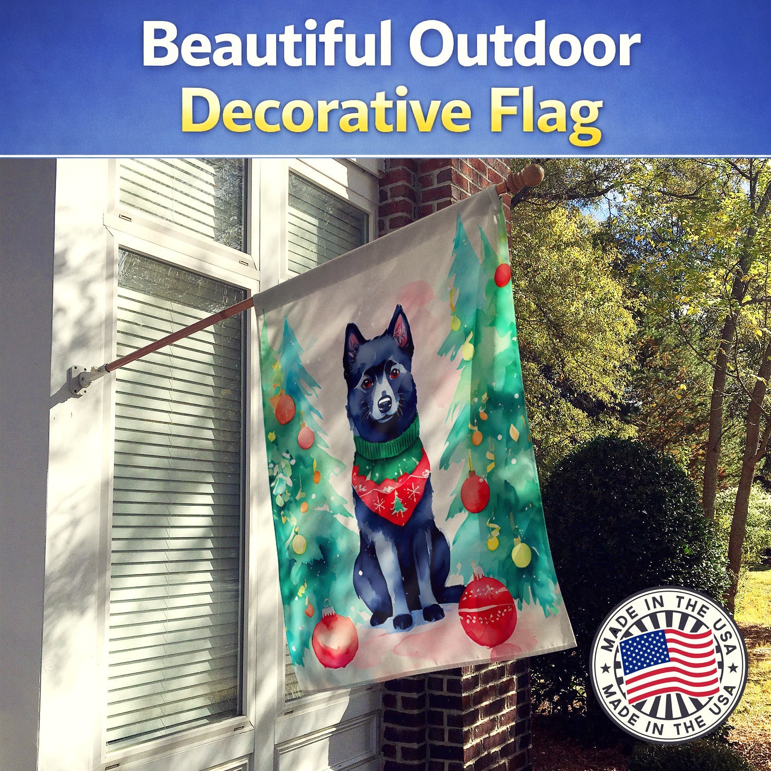 Schipperke Christmas House Flag 28x40 Porch Sleeve Pole Decorative Outside Yard Banner Artwork Wall Hanging, Polyester