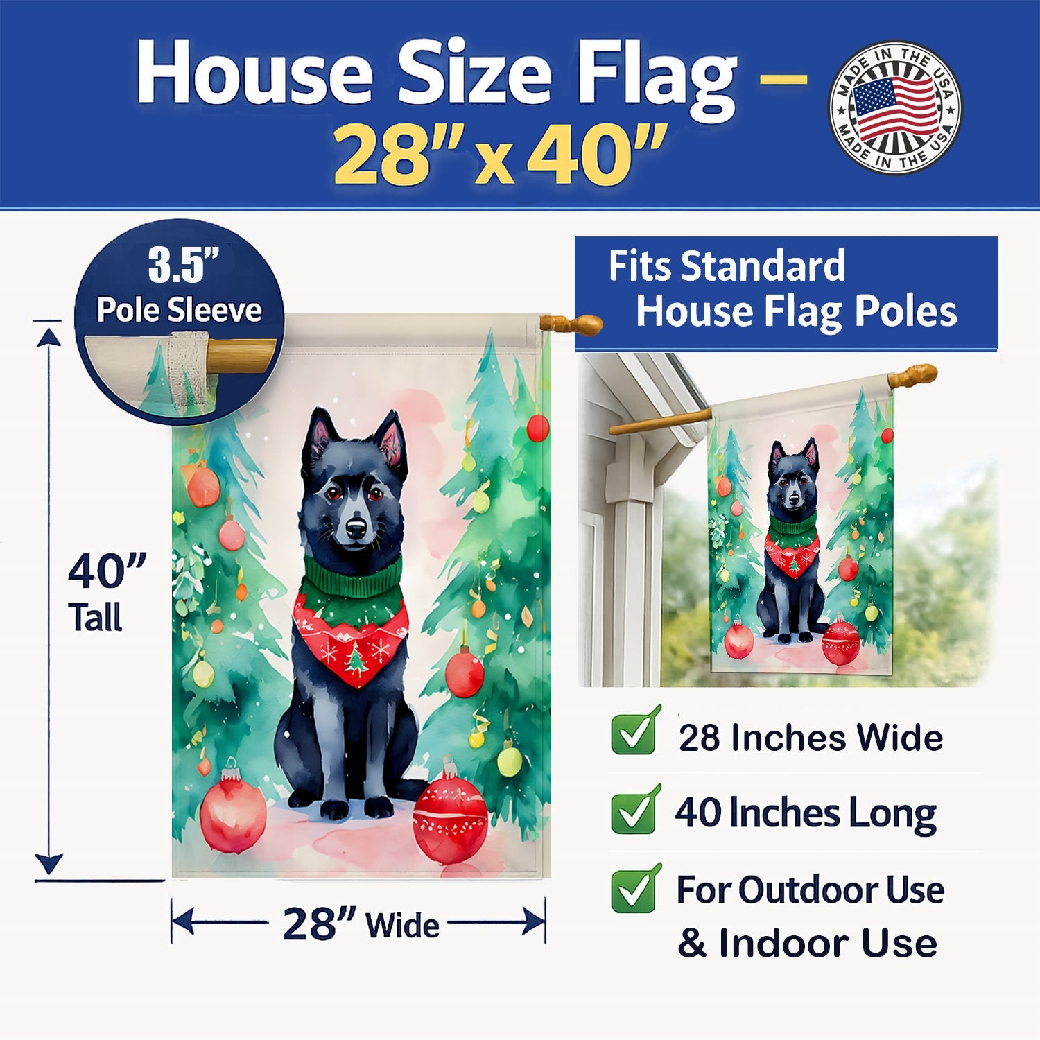 Schipperke Christmas House Flag 28x40 Porch Sleeve Pole Decorative Outside Yard Banner Artwork Wall Hanging, Polyester
