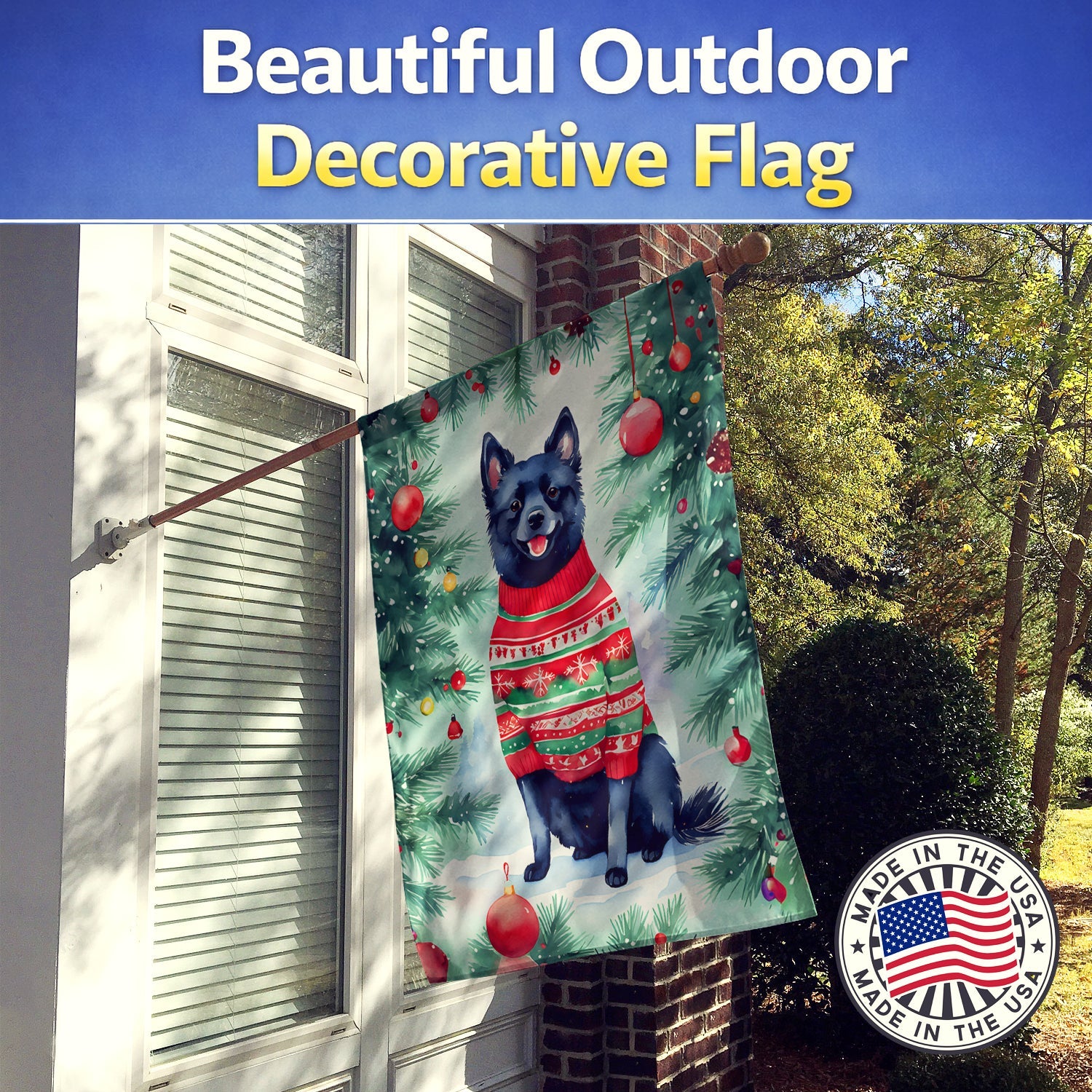 Schipperke Christmas House Flag 28x40 Porch Sleeve Pole Decorative Outside Yard Banner Artwork Wall Hanging, Polyester