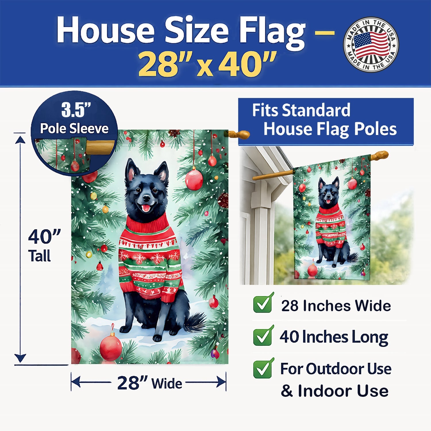 Schipperke Christmas House Flag 28x40 Porch Sleeve Pole Decorative Outside Yard Banner Artwork Wall Hanging, Polyester