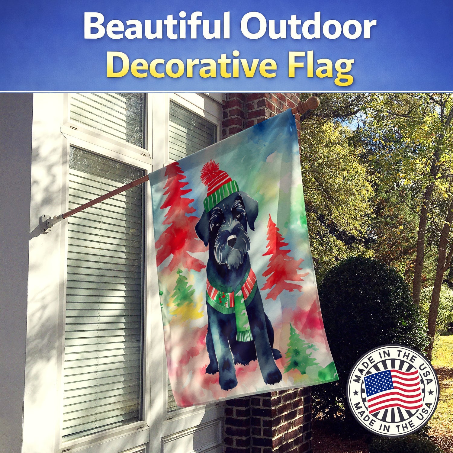 Schnauzer Christmas House Flag 28x40 Porch Sleeve Pole Decorative Outside Yard Banner Artwork Wall Hanging, Polyester