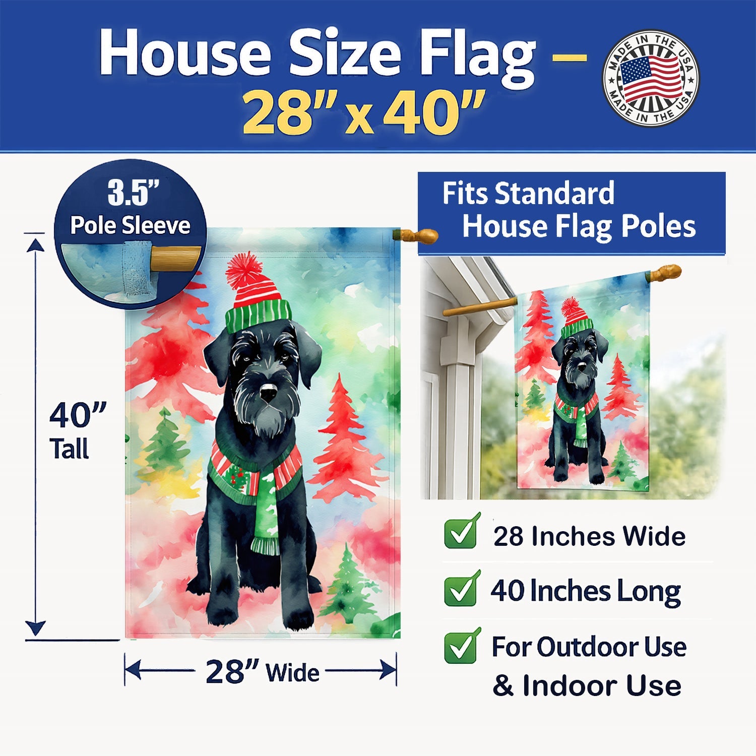 Schnauzer Christmas House Flag 28x40 Porch Sleeve Pole Decorative Outside Yard Banner Artwork Wall Hanging, Polyester